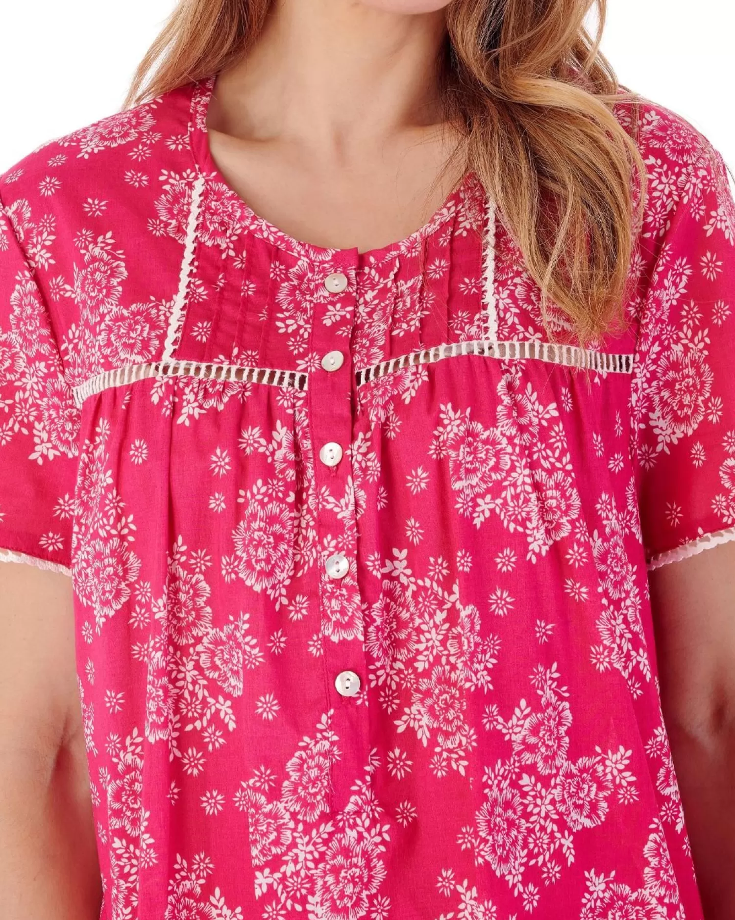 Slenderella Nighties | Short Sleeve Floral Woven Nightdress - Raspberry