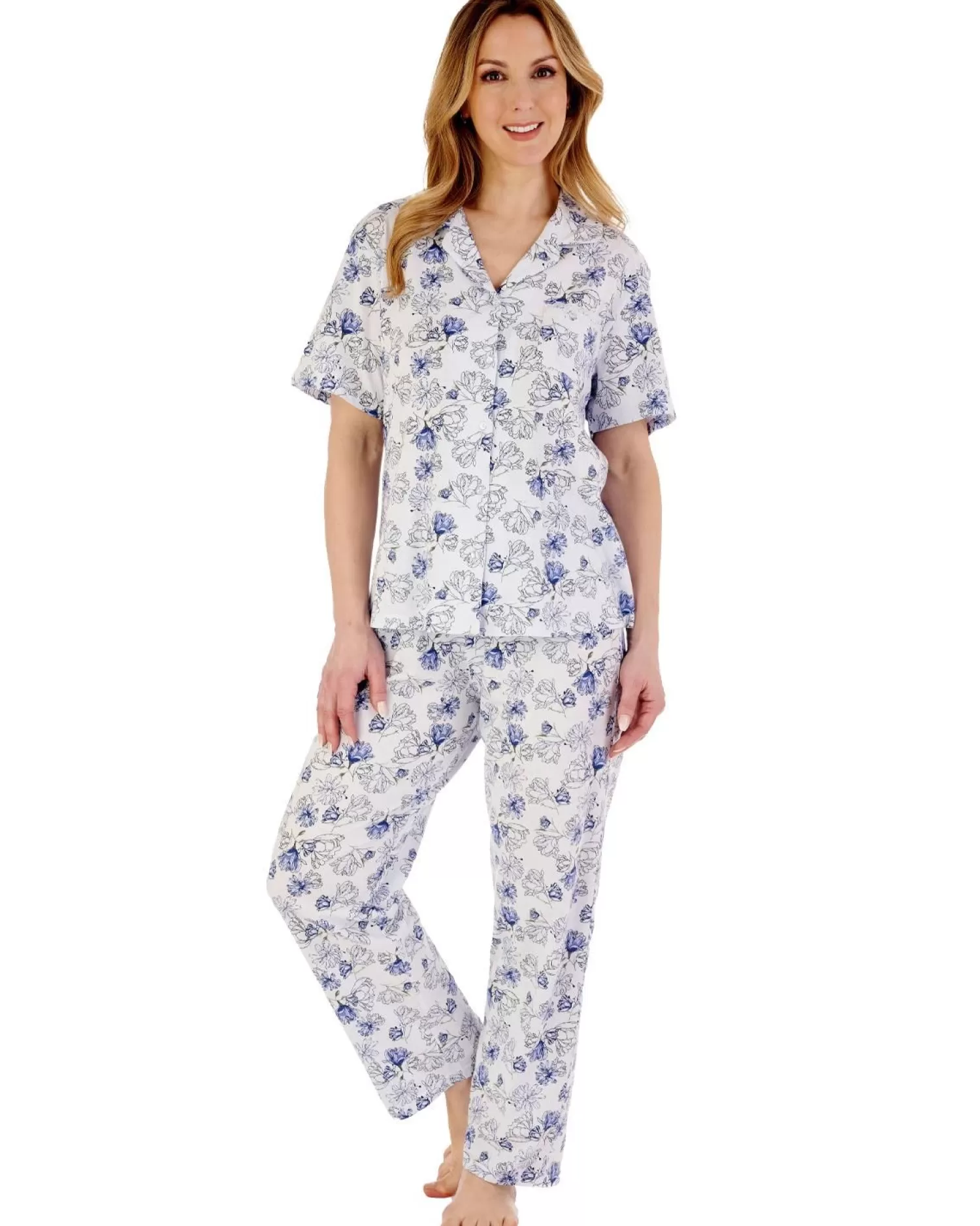 Slenderella Pyjamas | Short Sleeve Modern Floral Jersey Pyjamas - Blue
