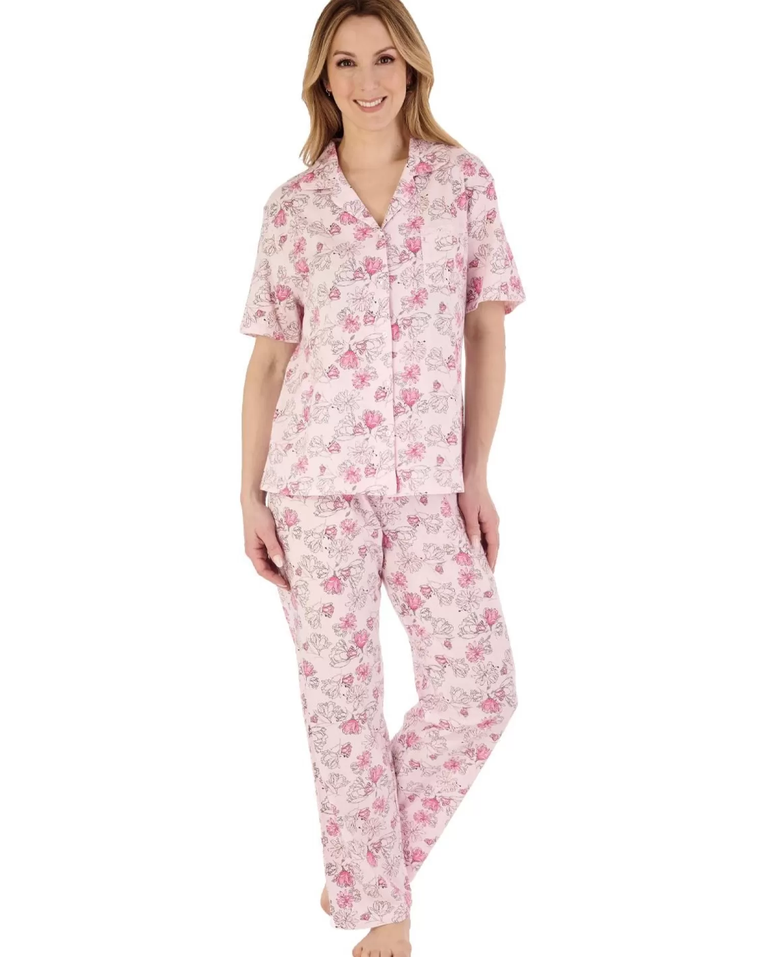 Slenderella Pyjamas | Short Sleeve Modern Floral Jersey Pyjamas - Pink