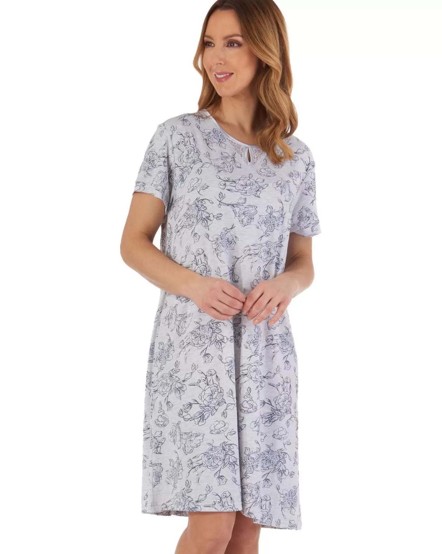 Slenderella Nighties | Sketch Floral 38" Nightie - Grey