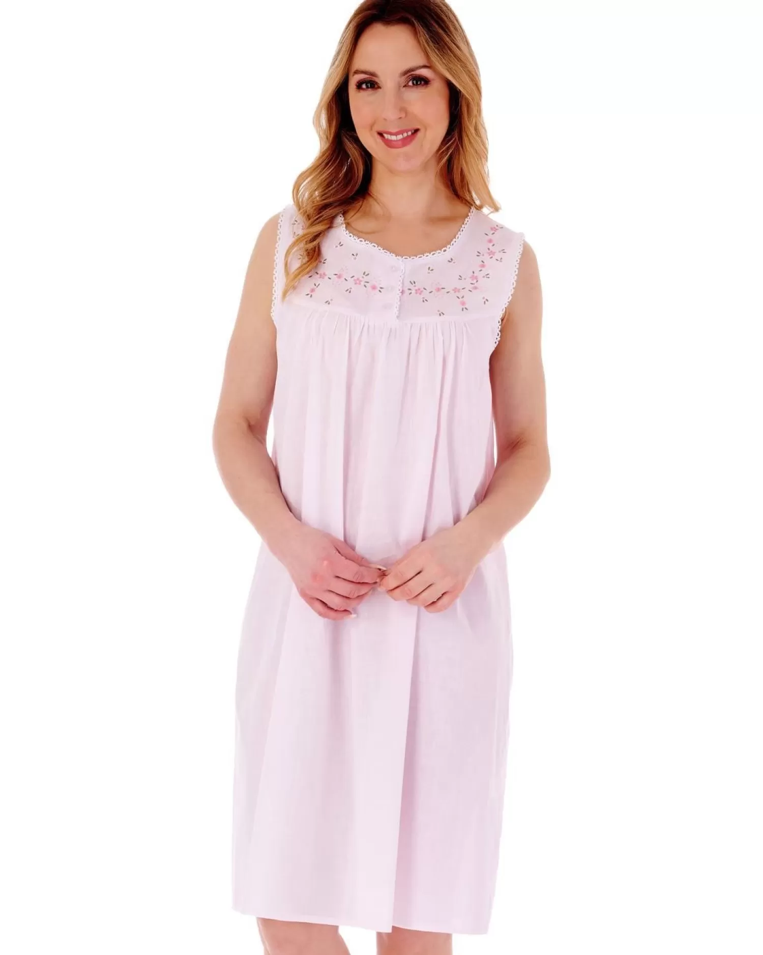 Slenderella Nighties | Sleeveless Embroidered Yoke Nightdress - Pink