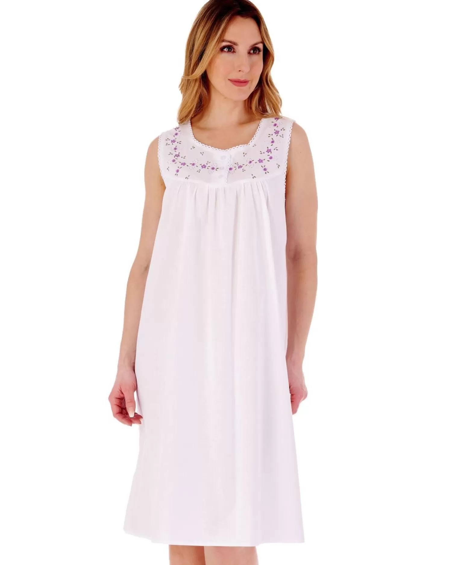 Slenderella Nighties | Sleeveless Embroidered Yoke Nightdress - White