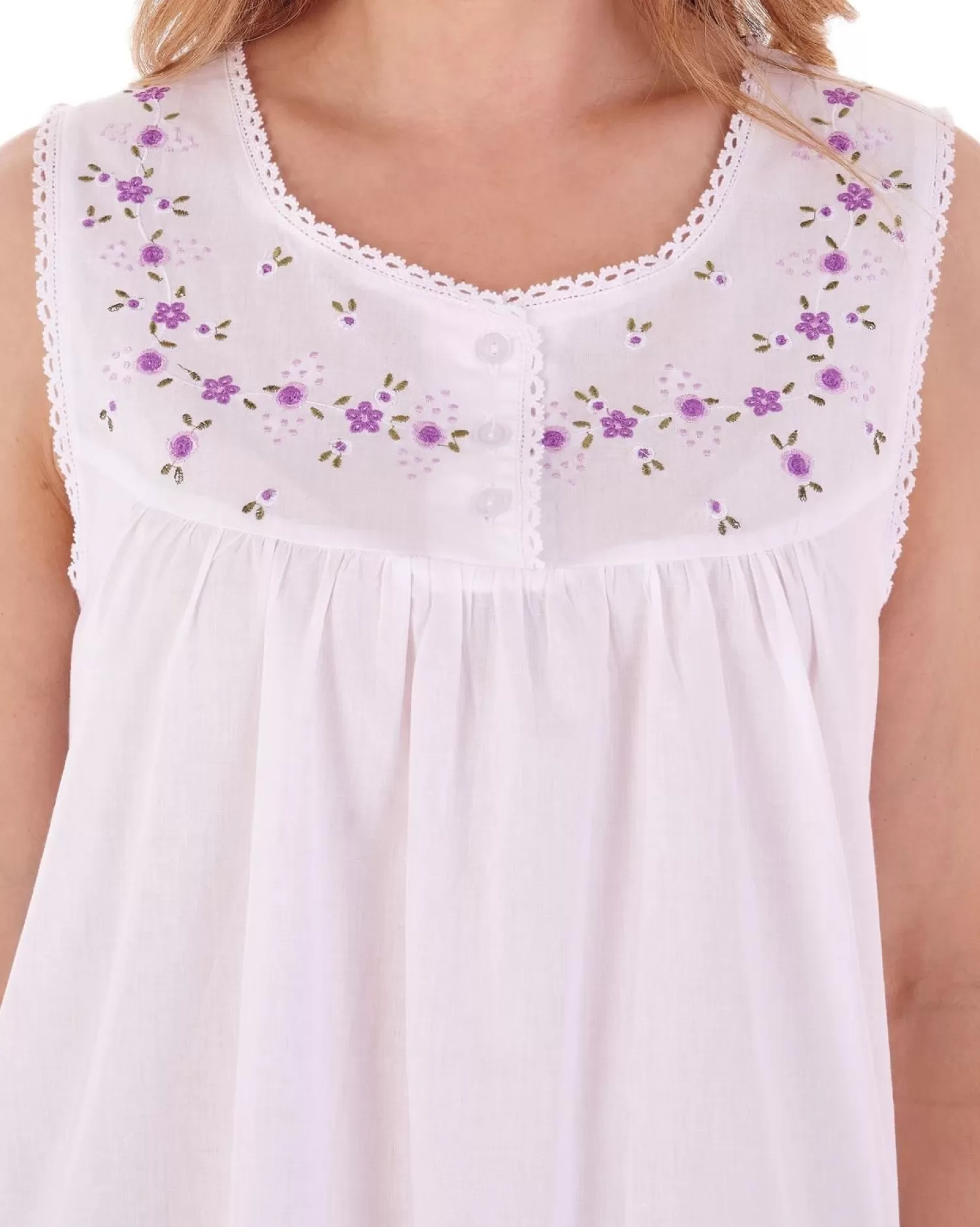 Slenderella Nighties | Sleeveless Embroidered Yoke Nightdress - White