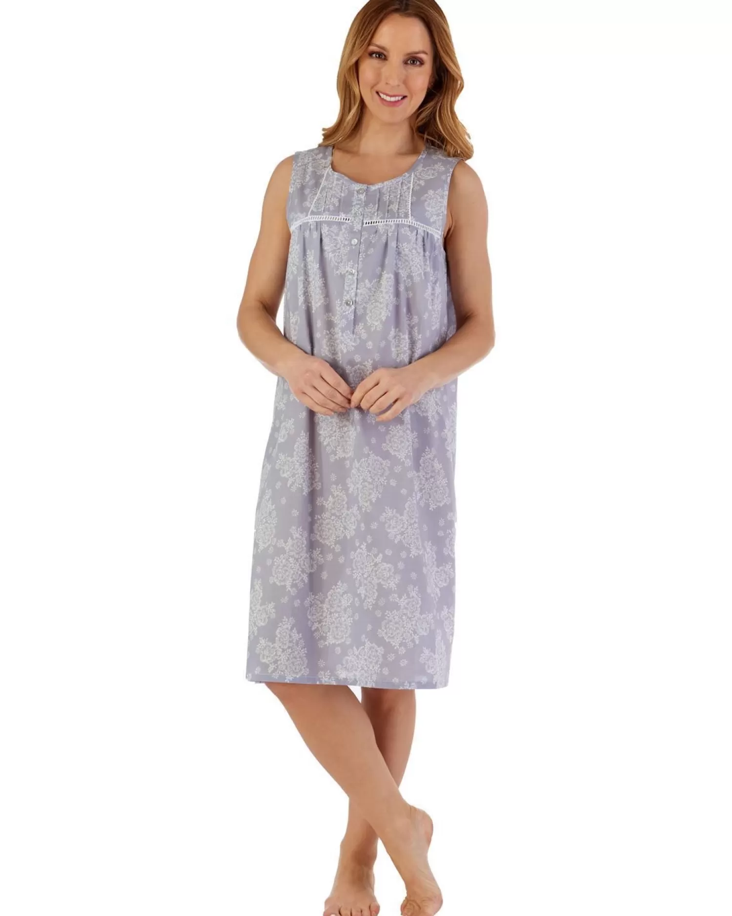 Slenderella Nighties | Sleeveless Floral Woven Nightdress - Grey