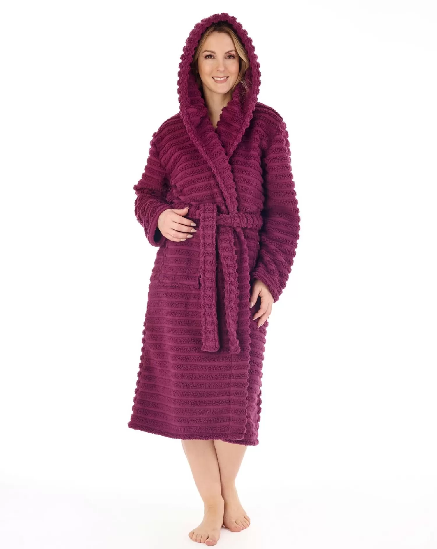 Slenderella Dressing Gowns | Teddy Fleece Hooded Dressing Gown - Damson