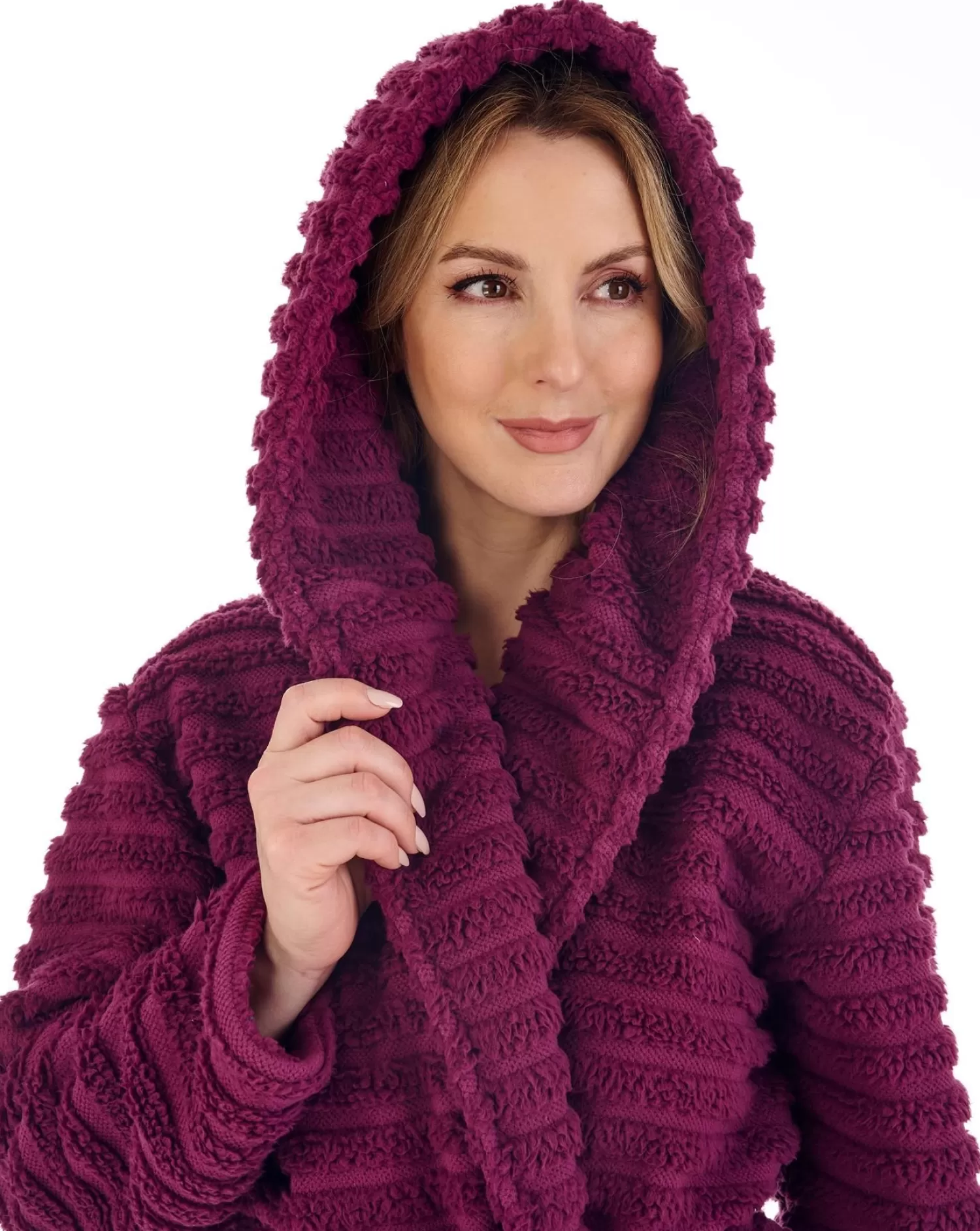 Slenderella Dressing Gowns | Teddy Fleece Hooded Dressing Gown - Damson