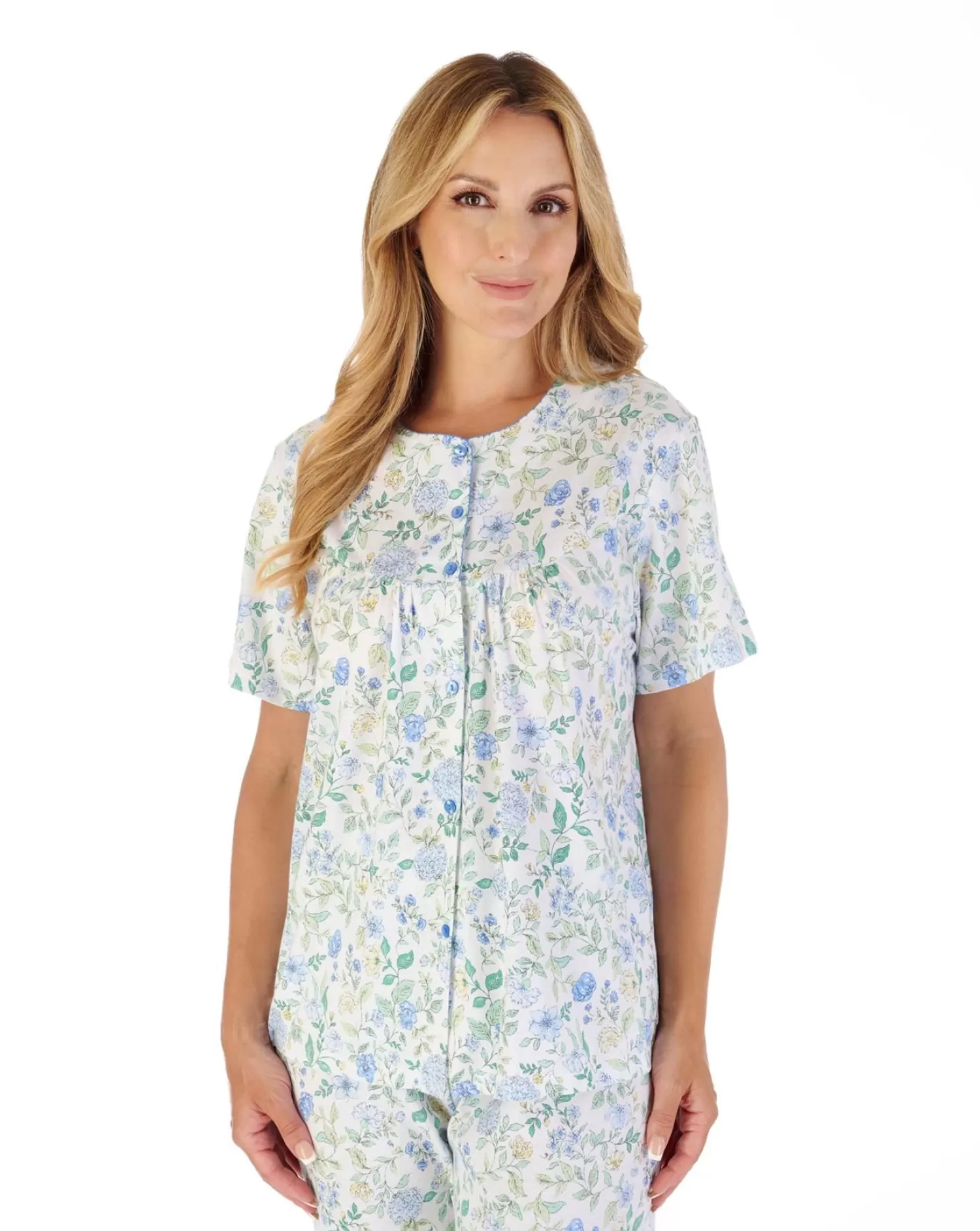 Slenderella Pyjamas | Trailing Floral Short Sleeve Button Pyjamas - Blue