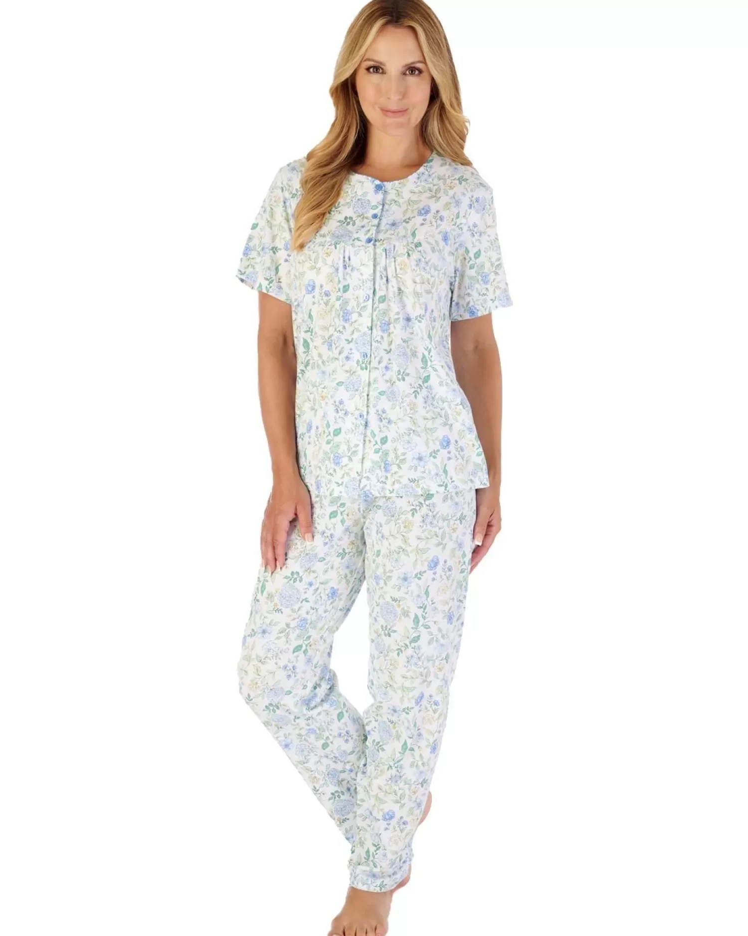 Slenderella Pyjamas | Trailing Floral Short Sleeve Button Pyjamas - Blue