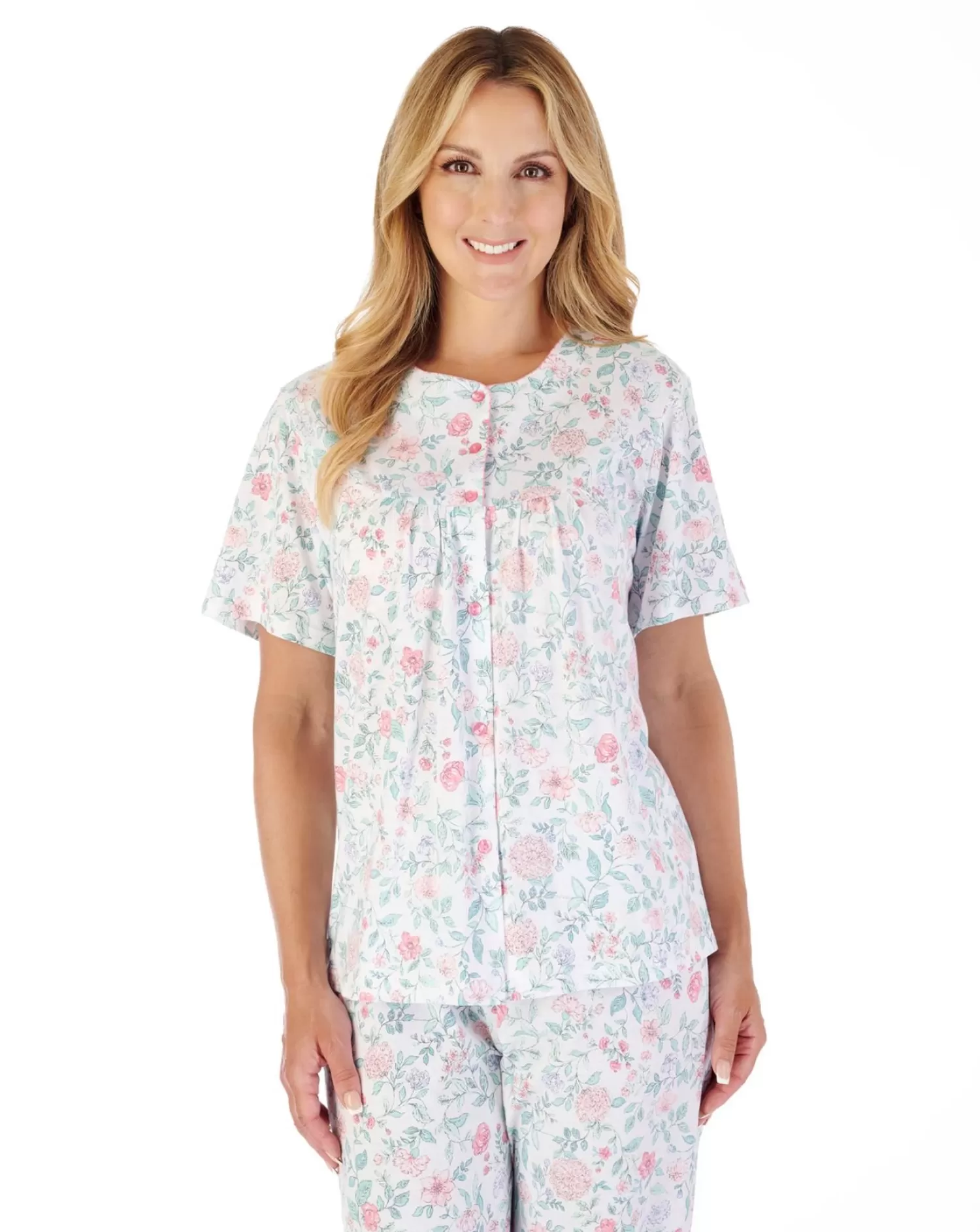 Slenderella Pyjamas | Trailing Floral Short Sleeve Button Pyjamas - Pink