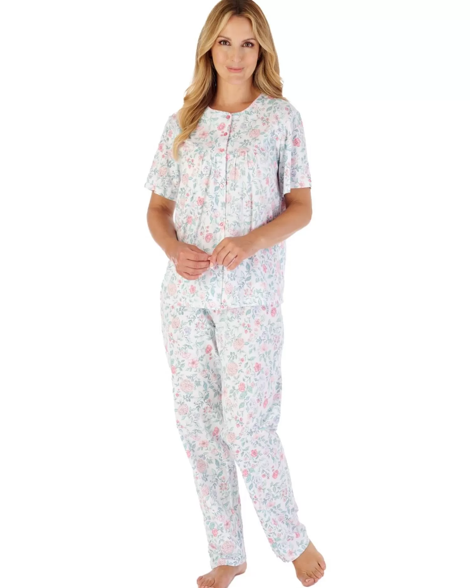 Slenderella Pyjamas | Trailing Floral Short Sleeve Button Pyjamas - Pink