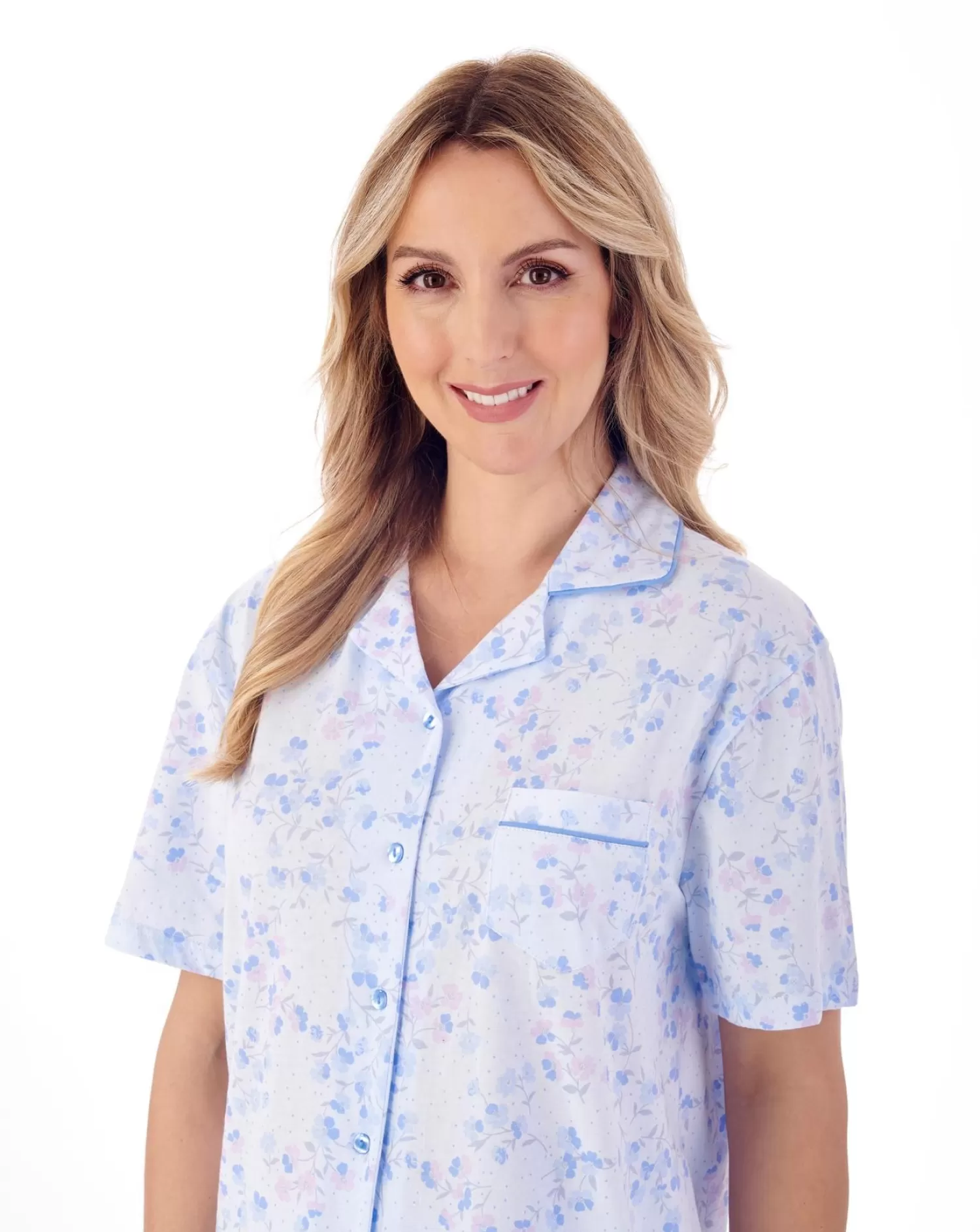 Slenderella Pyjamas | Trailing Floral Short Sleeve Jersey Pyjamas - Blue
