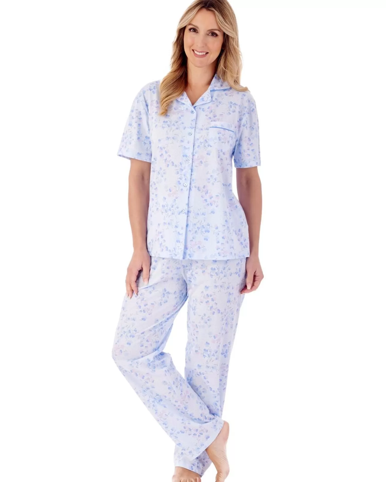 Slenderella Pyjamas | Trailing Floral Short Sleeve Jersey Pyjamas - Blue
