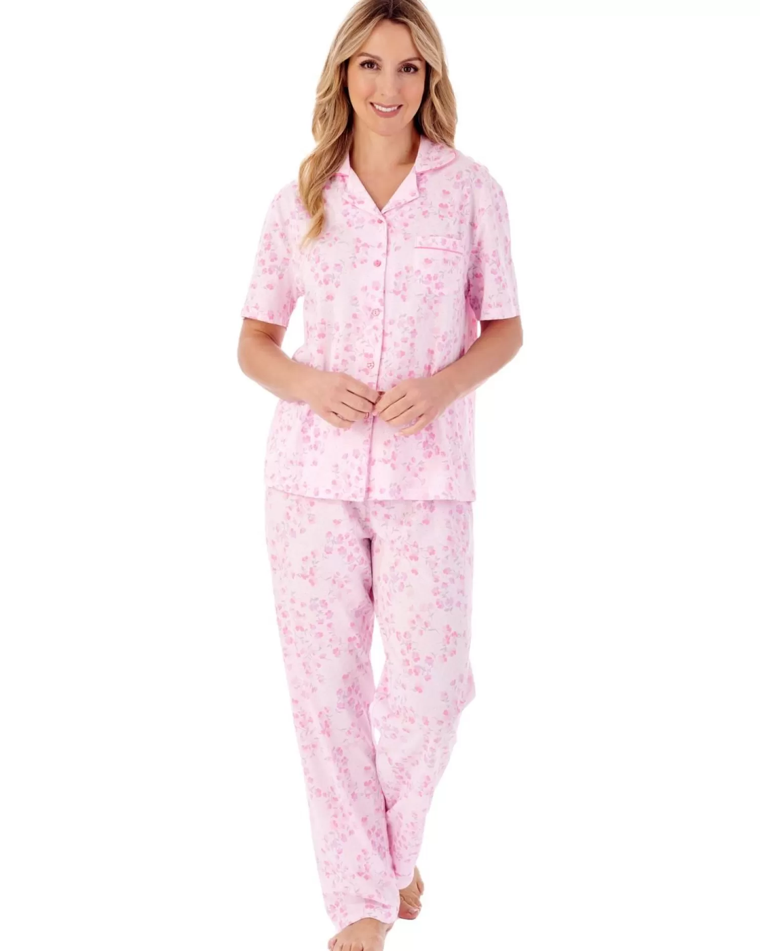 Slenderella Pyjamas | Trailing Floral Short Sleeve Jersey Pyjamas - Pink