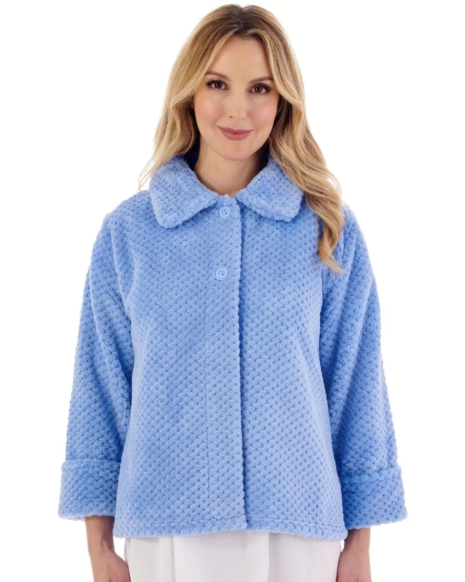 Slenderella Dressing Gowns | Waffle Fleece Button Bed Jacket - Blue