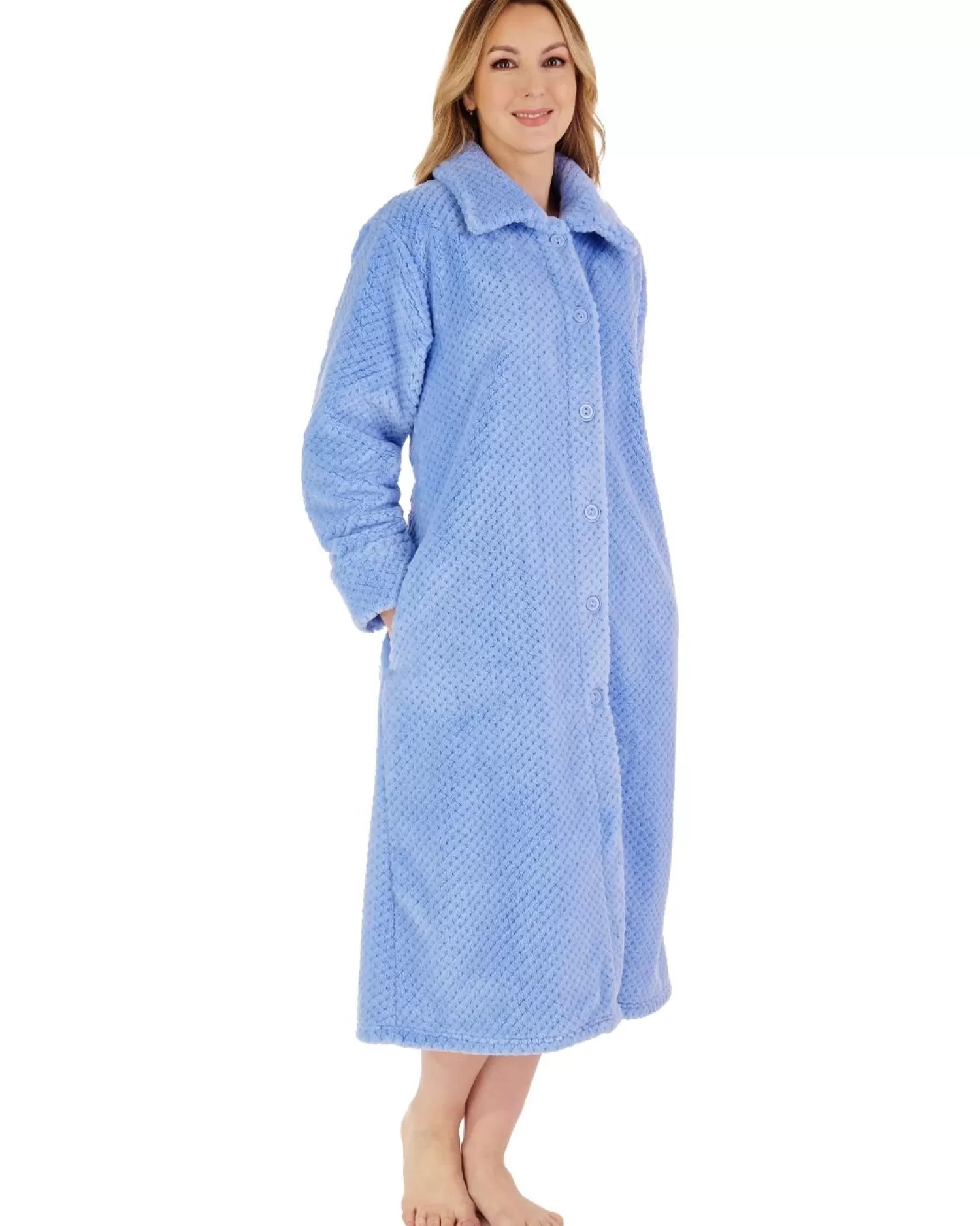 Slenderella Dressing Gowns | Waffle Fleece Button Dressing Gown - Blue