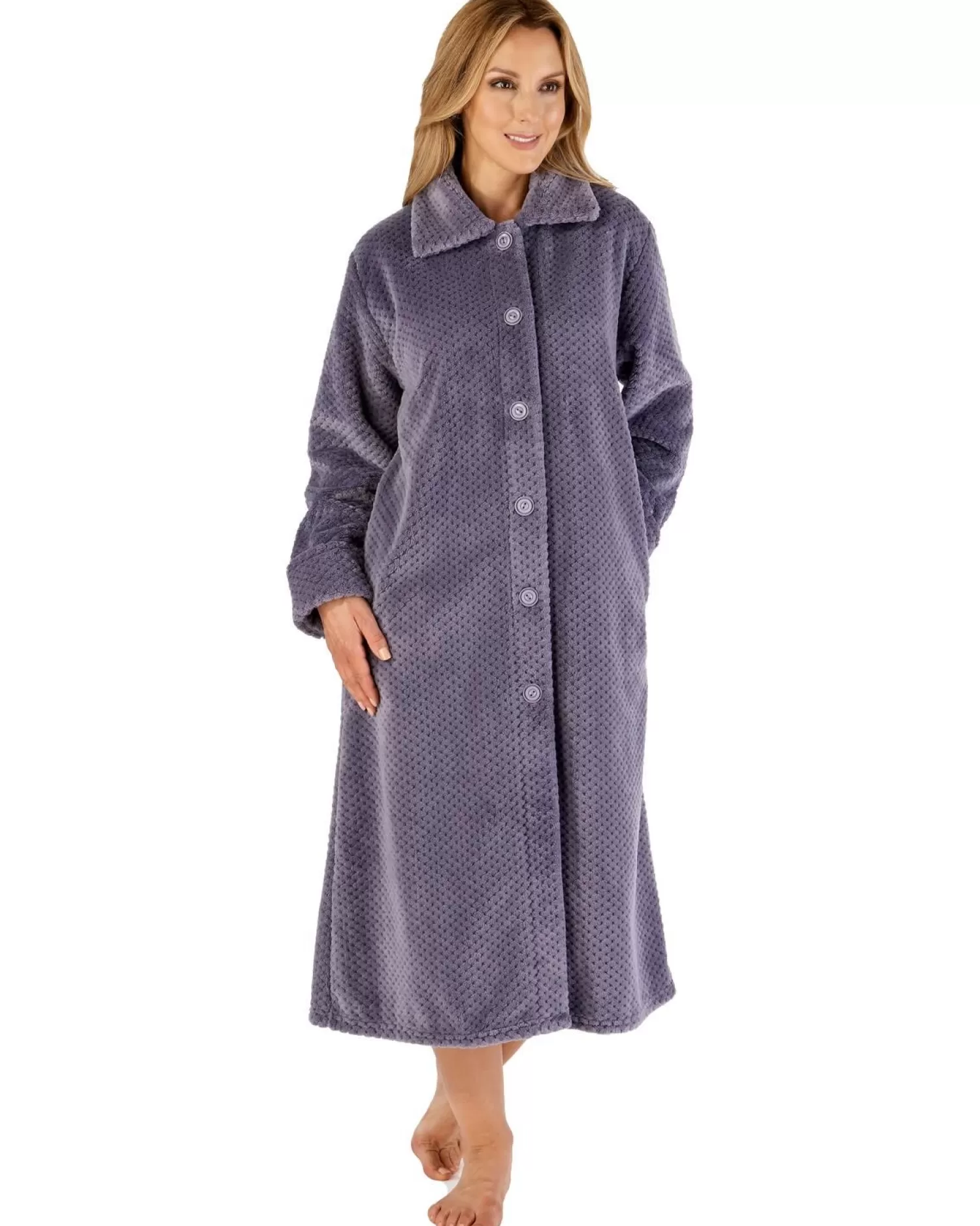 Slenderella Dressing Gowns | Waffle Fleece Button Dressing Gown - Grey