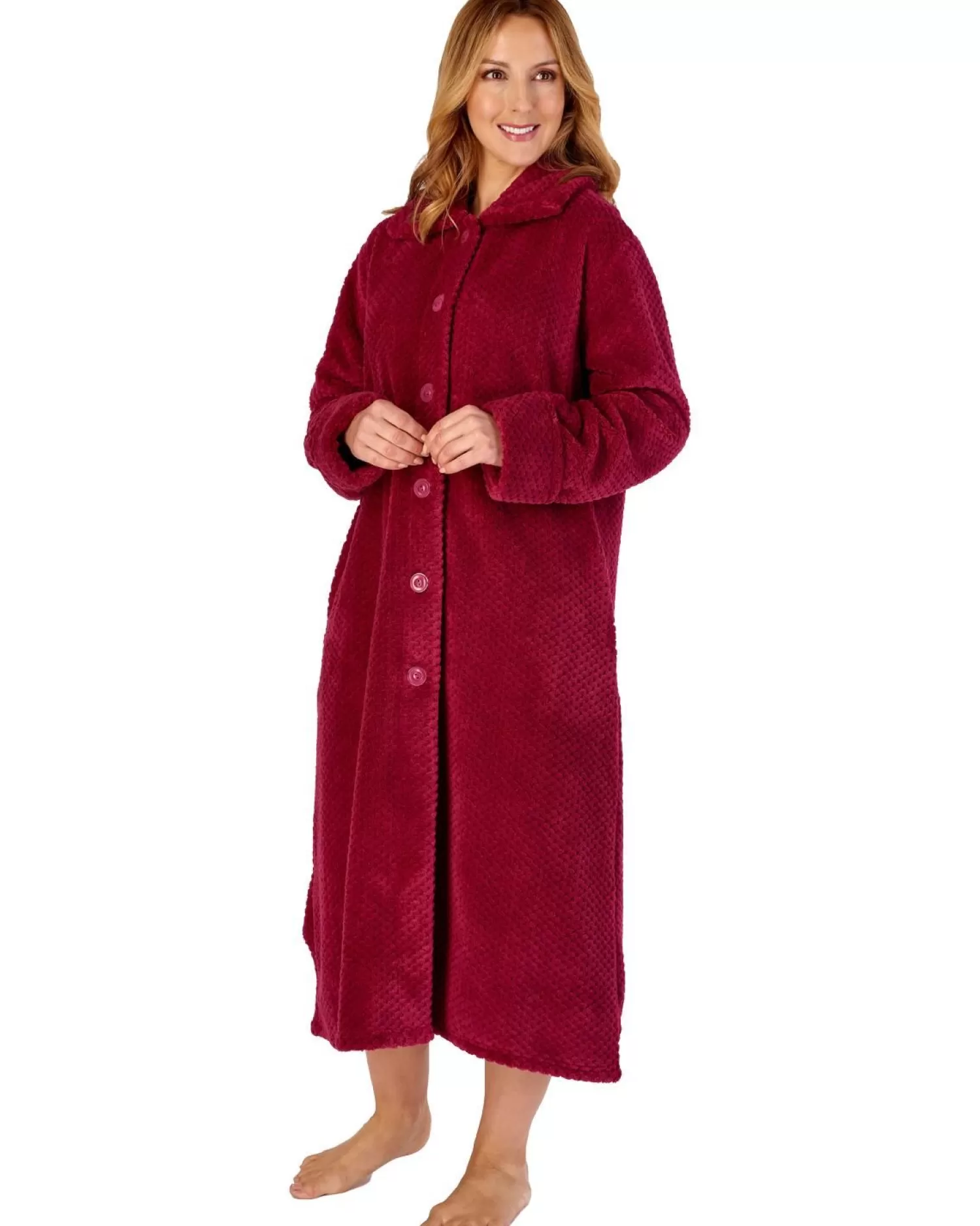 Slenderella Dressing Gowns | Waffle Fleece Button Dressing Gown - Raspberry