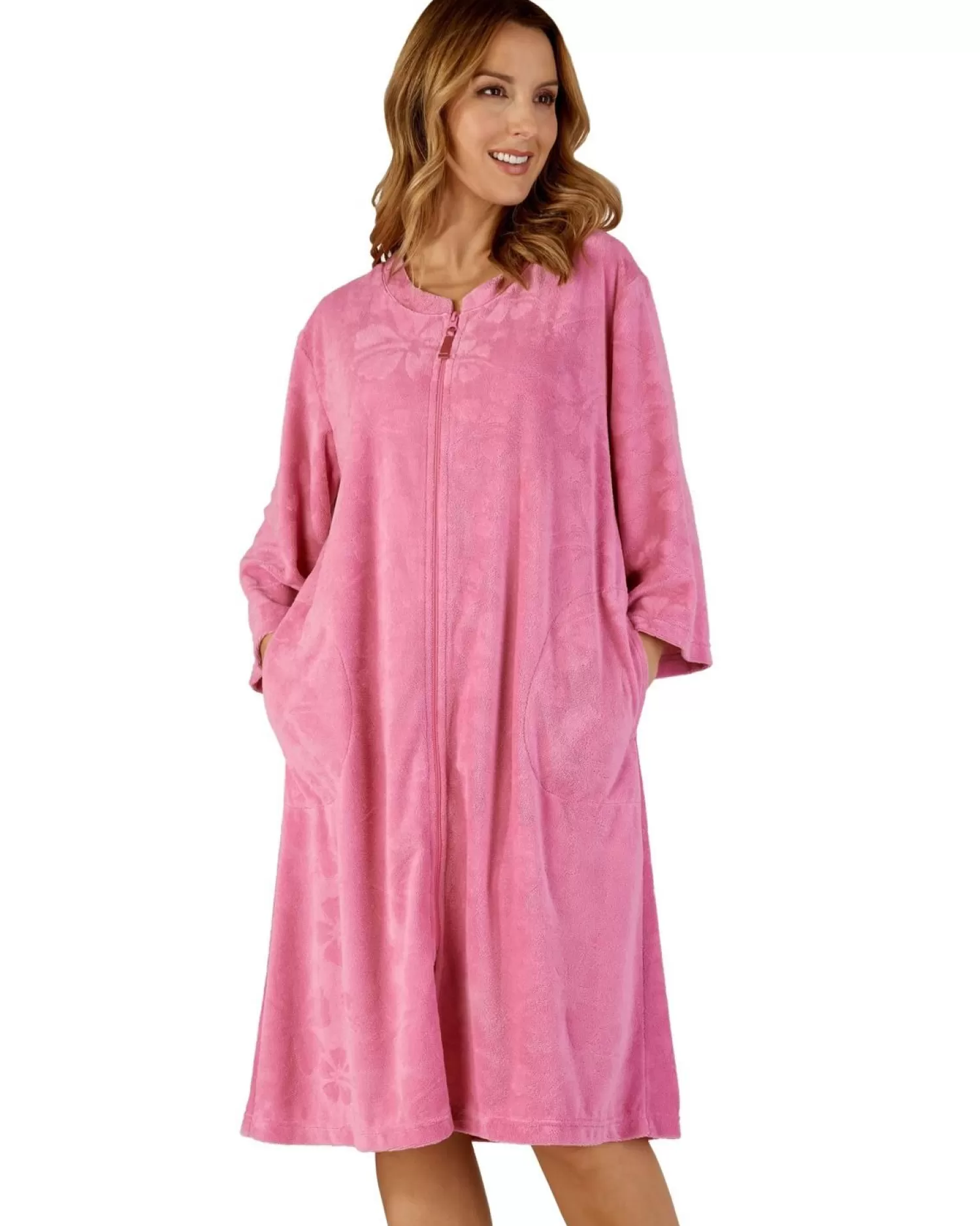 Slenderella Dressing Gowns | Zip Floral Embossed Gown - Pink