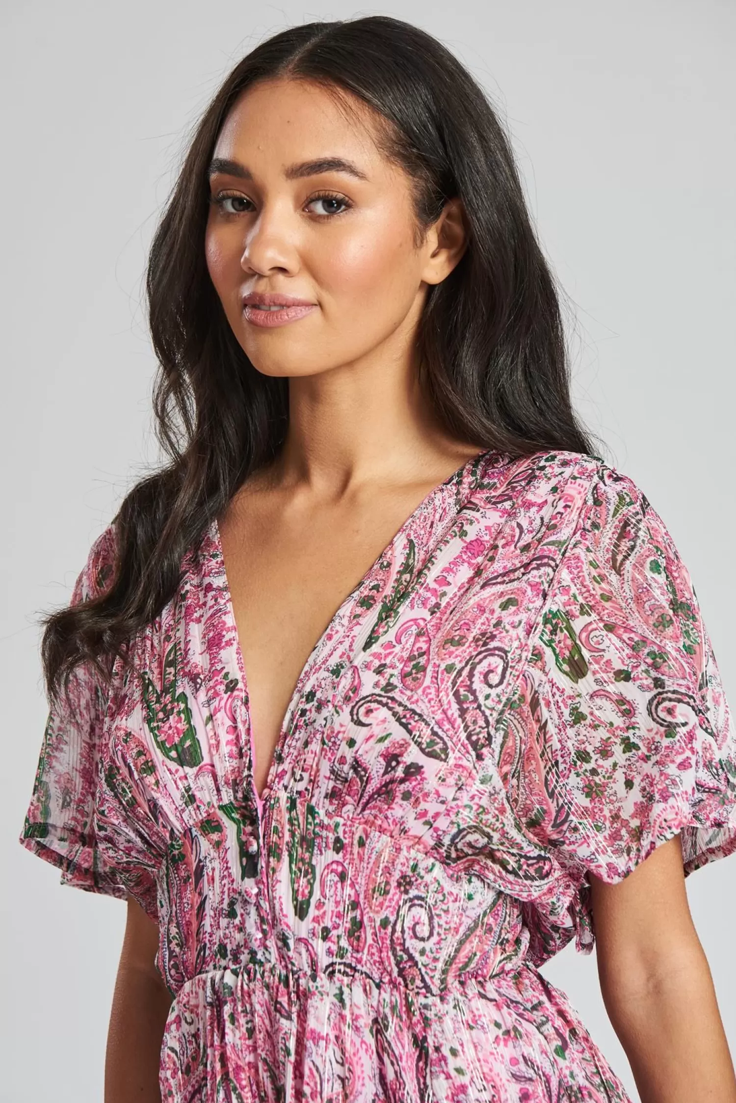 South Beach Dresses | Metallic Floral Midi Dress - Pink