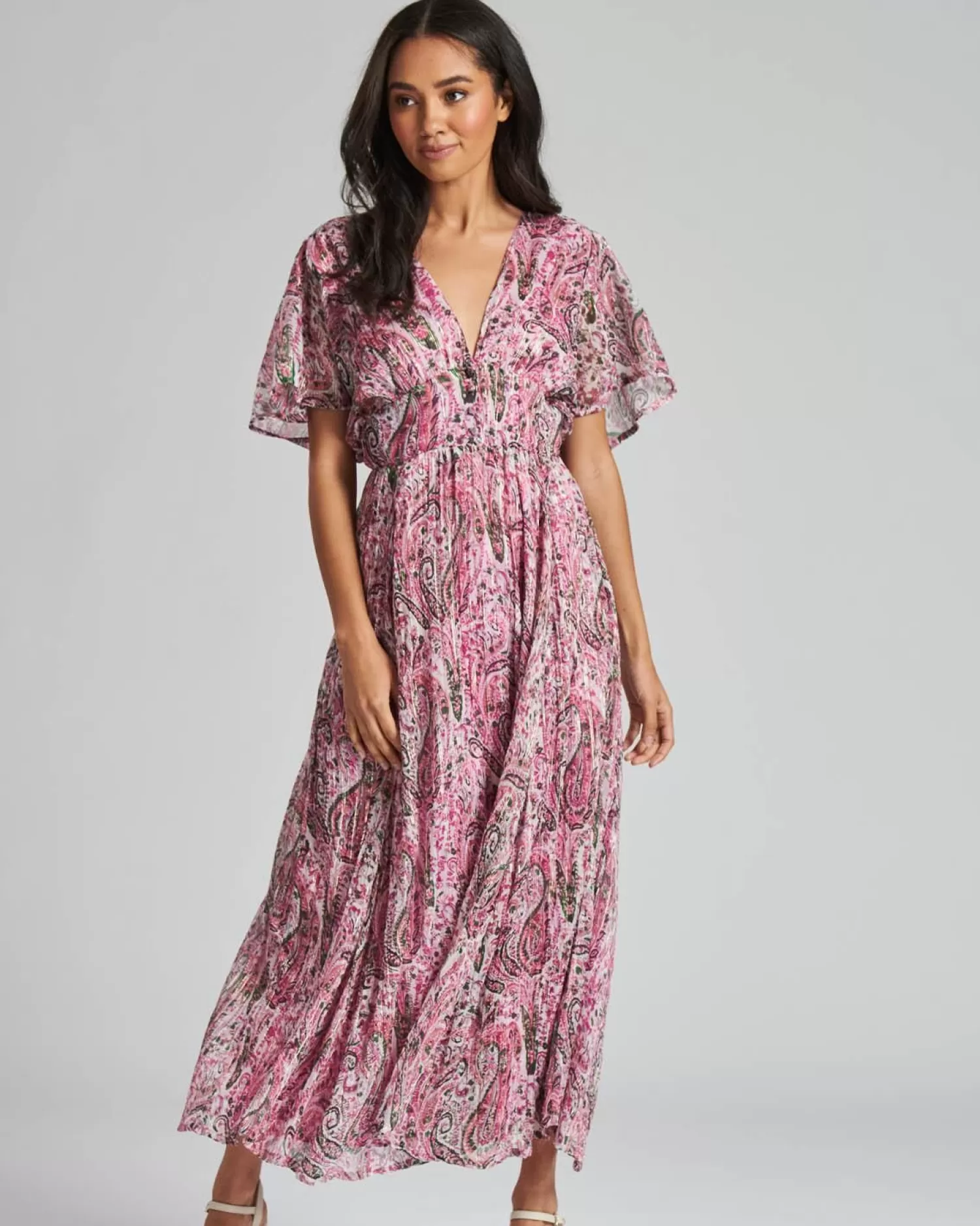 South Beach Dresses | Metallic Floral Midi Dress - Pink