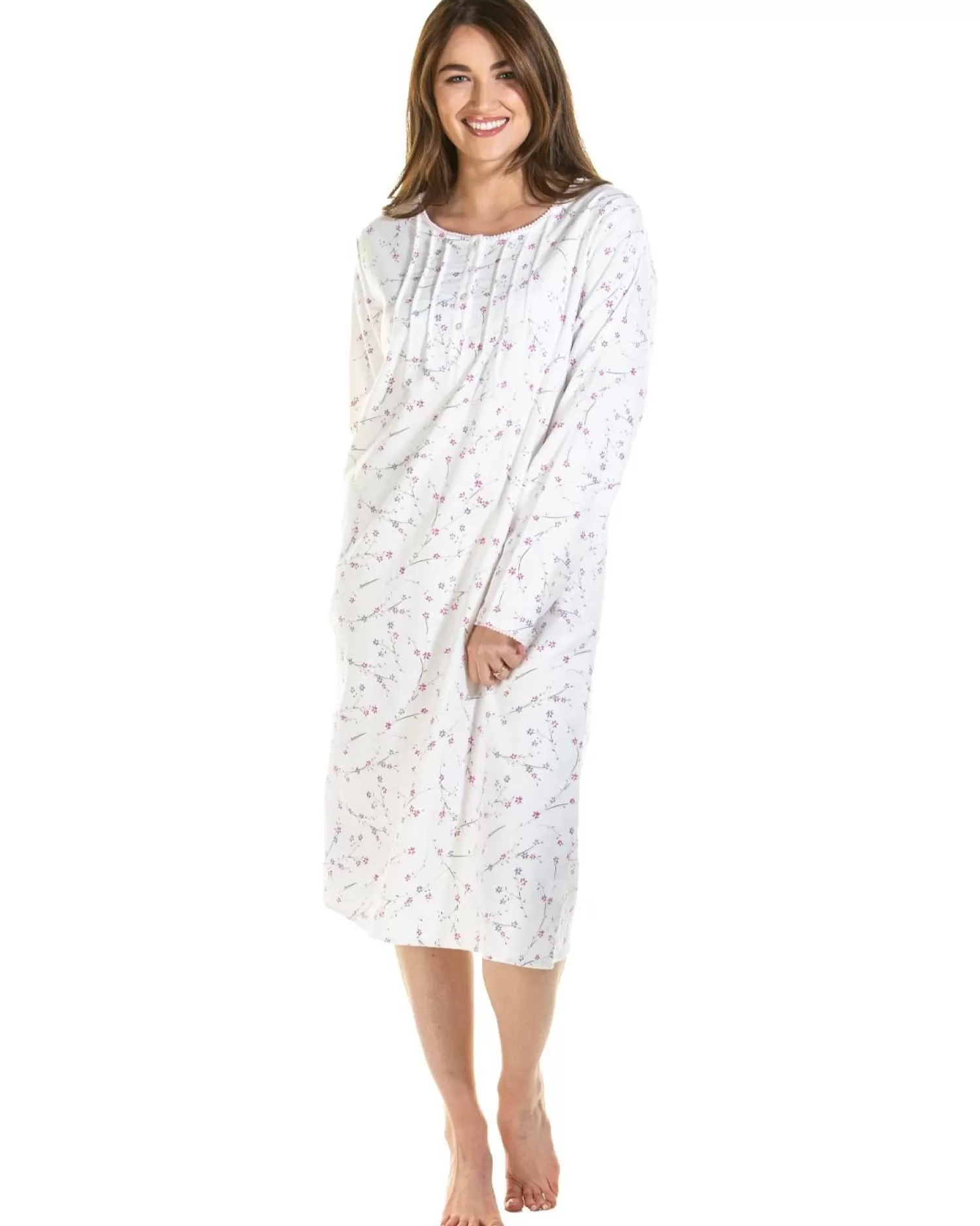 Sue Marks Nighties | Floral Brushed Cotton Nightdress - Ivory