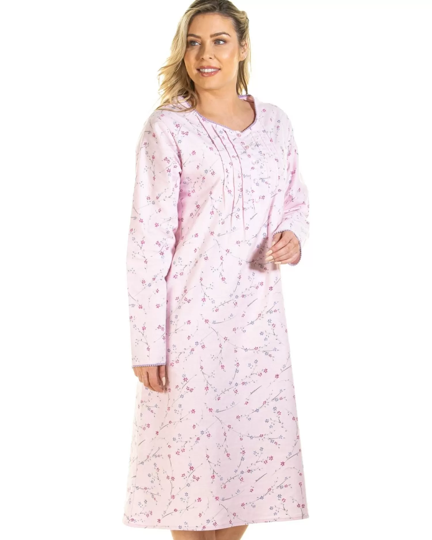 Sue Marks Nighties | Floral Brushed Cotton Nightdress - Pink