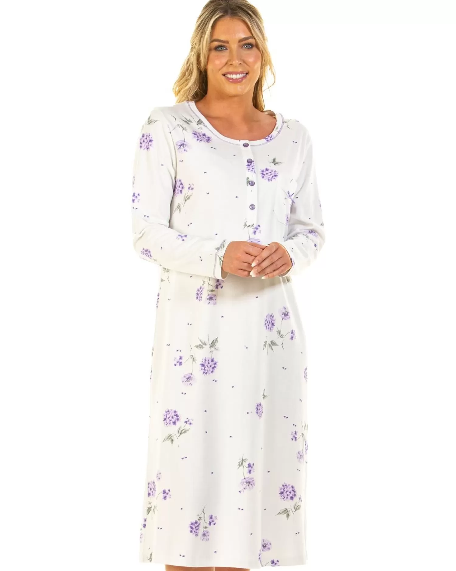 Sue Marks Nighties | Florence Long Sleeve Floral Nightie - Lilac