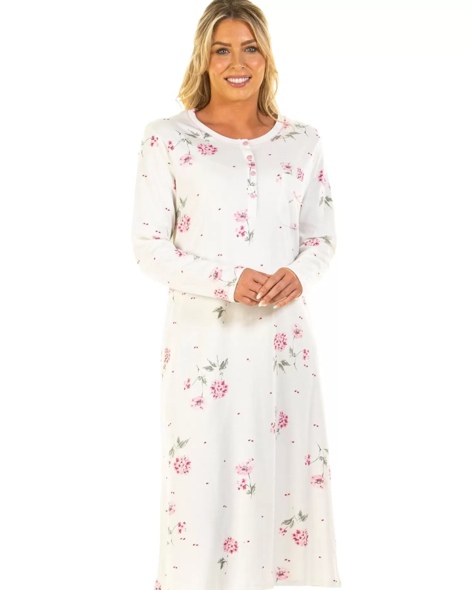 Sue Marks Nighties | Florence Long Sleeve Floral Nightie - Pink