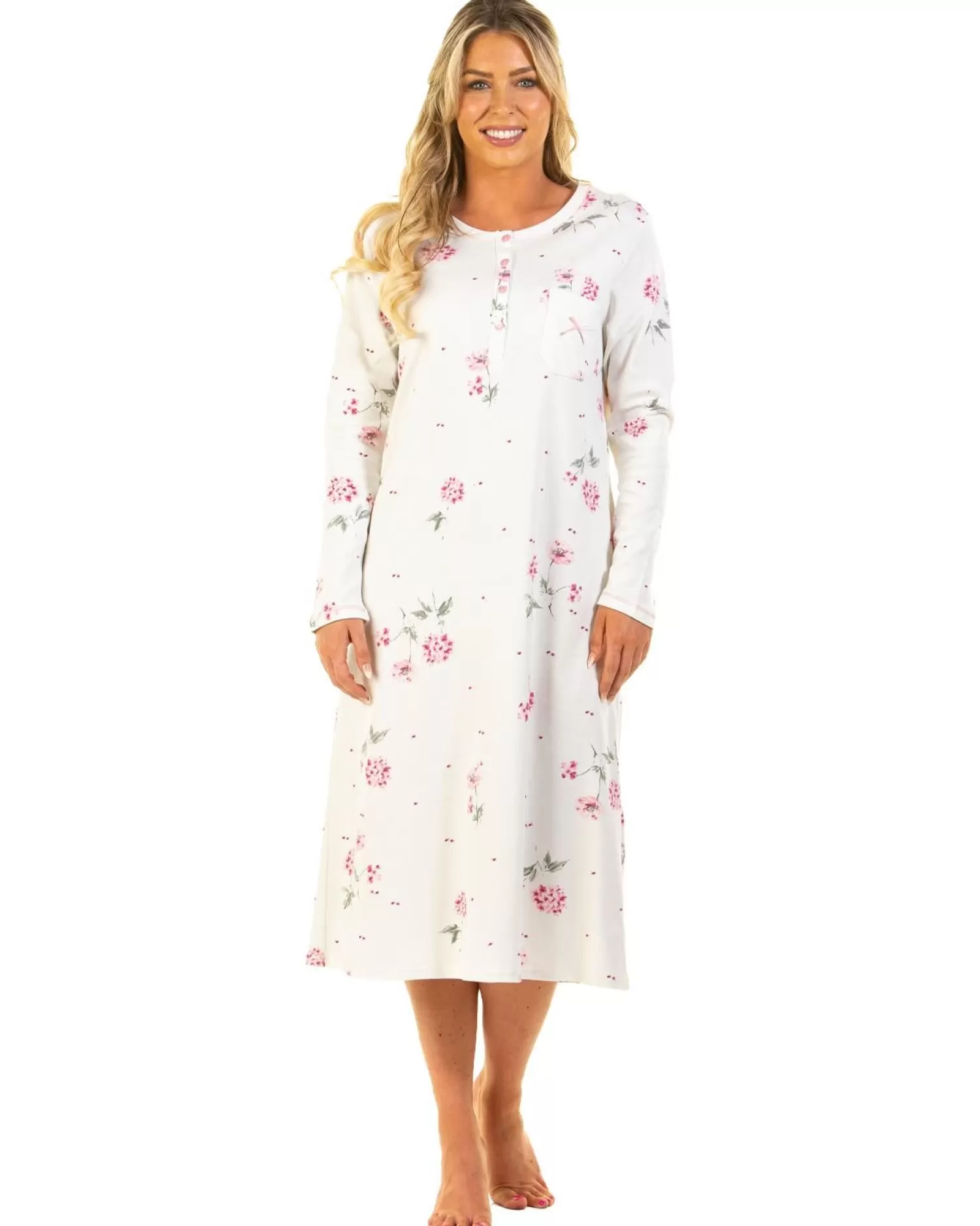 Sue Marks Nighties | Florence Long Sleeve Floral Nightie - Pink