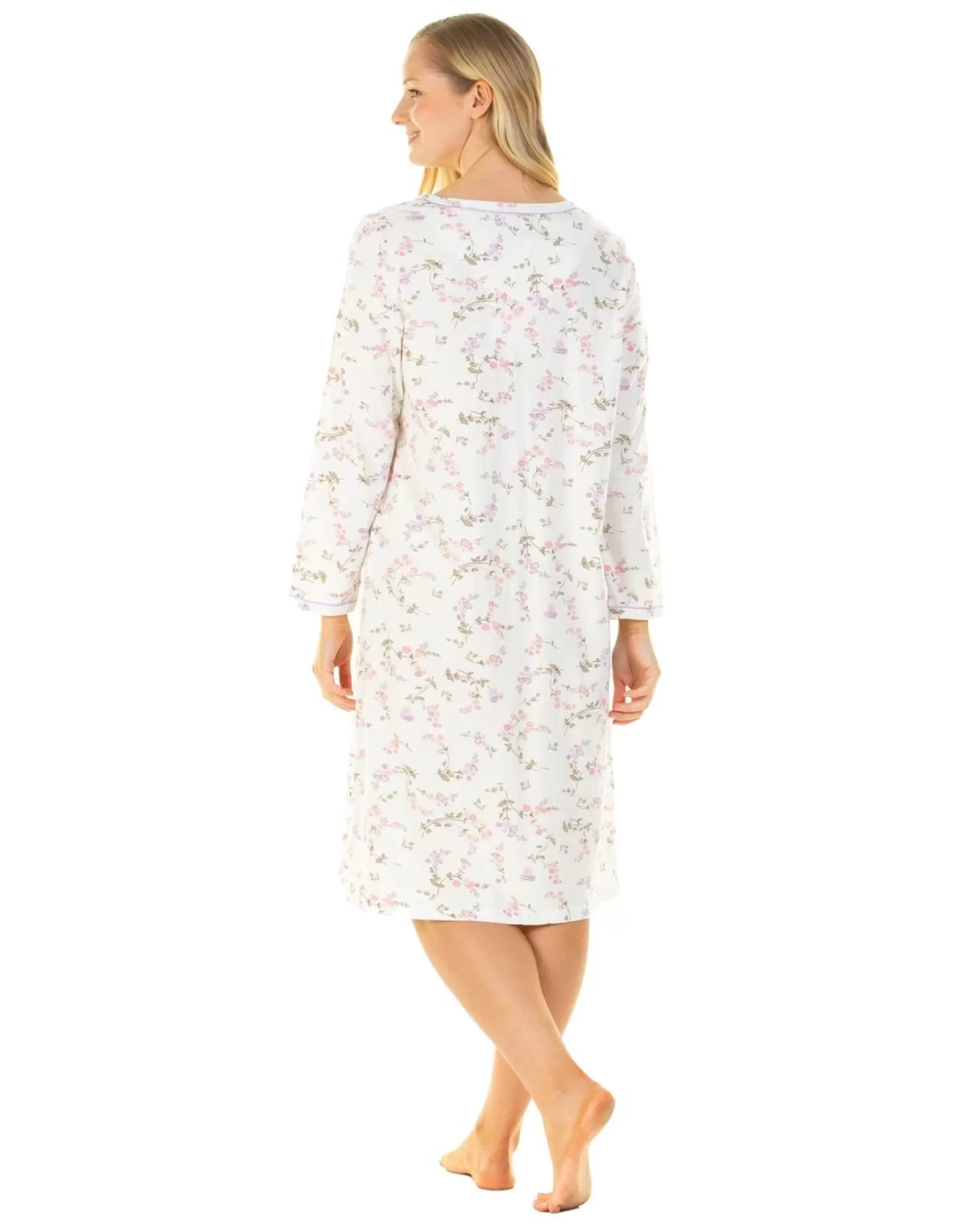 Sue Marks Nighties | Flower Spray 43" Long Sleeve Nightie - Ivory