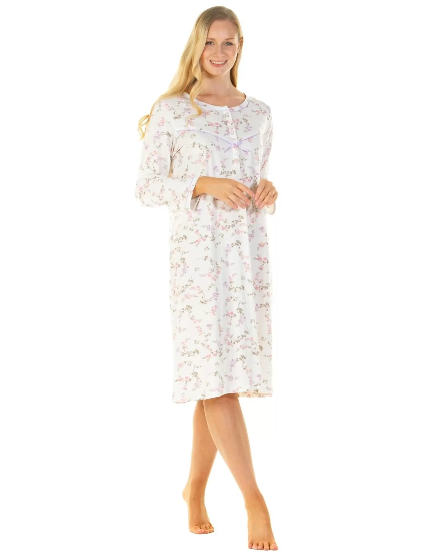 Sue Marks Nighties | Flower Spray 43" Long Sleeve Nightie - Ivory