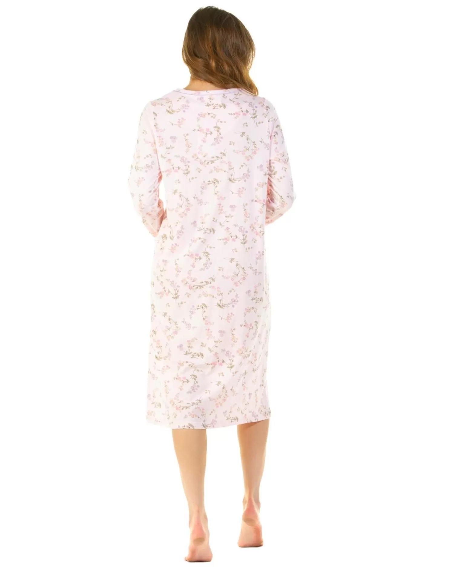 Sue Marks Nighties | Flower Spray 43" Long Sleeve Nightie - Pink