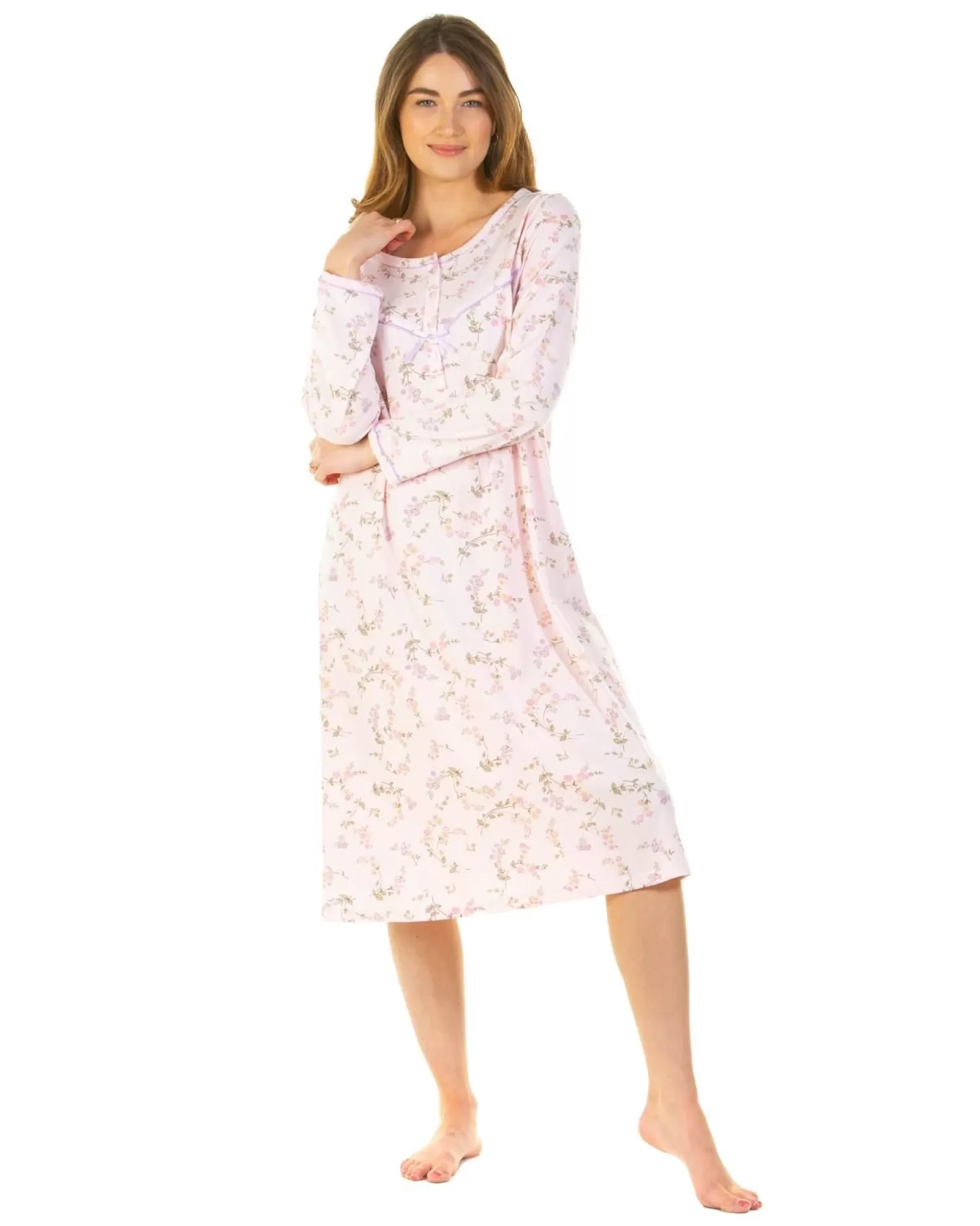 Sue Marks Nighties | Flower Spray 43" Long Sleeve Nightie - Pink