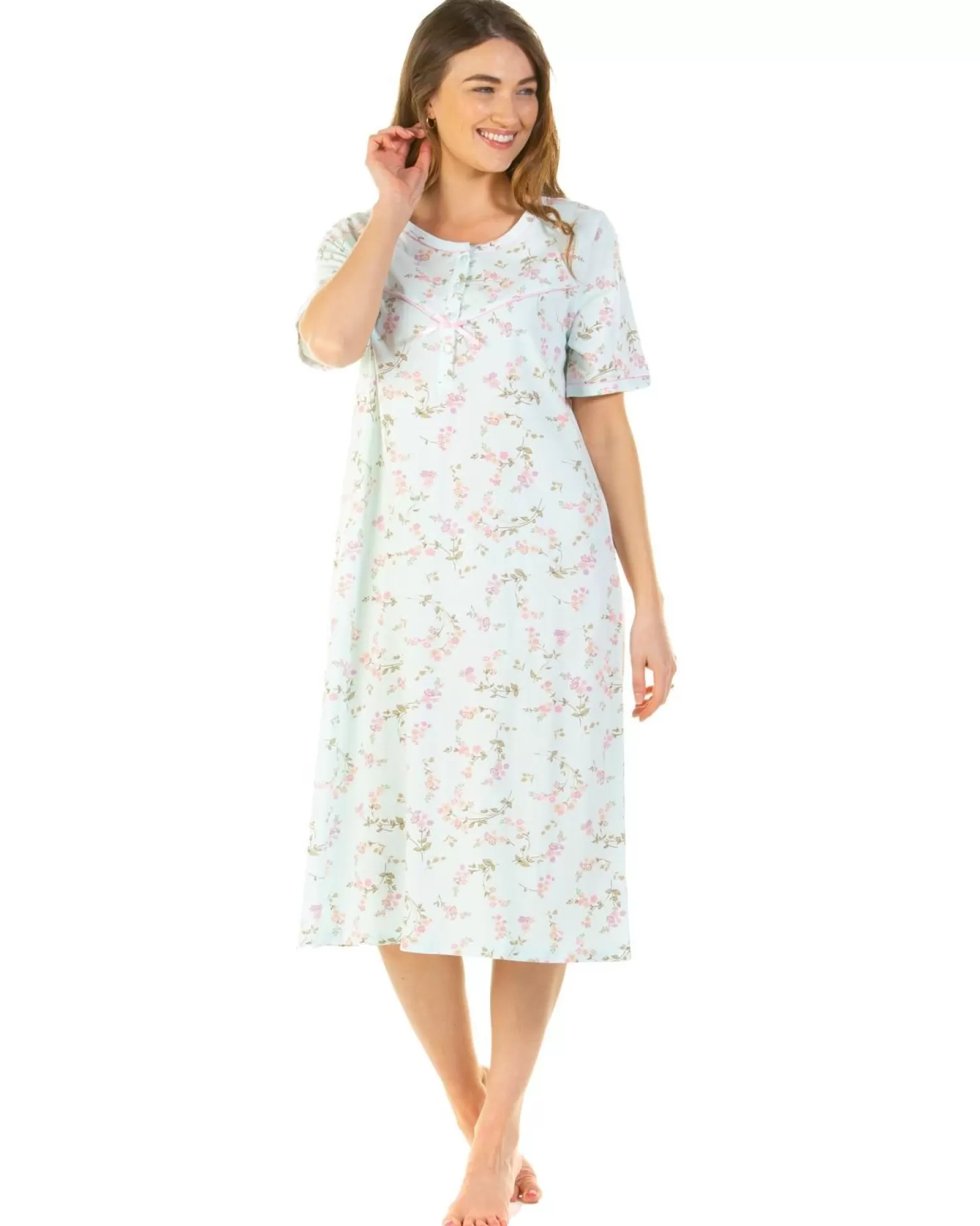 Sue Marks Nighties | Flower Spray 43" Short Sleeve Nightie - Aqua