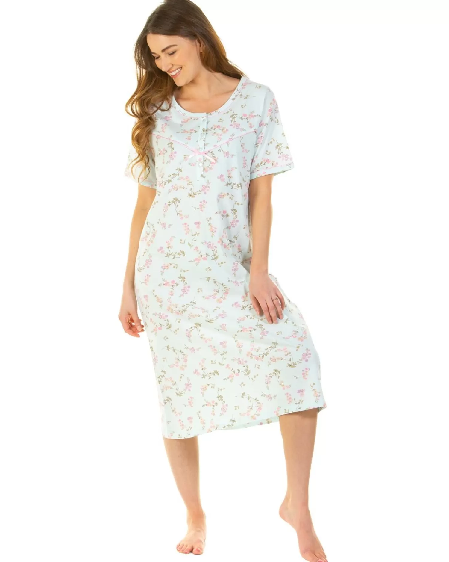 Sue Marks Nighties | Flower Spray 43" Short Sleeve Nightie - Aqua