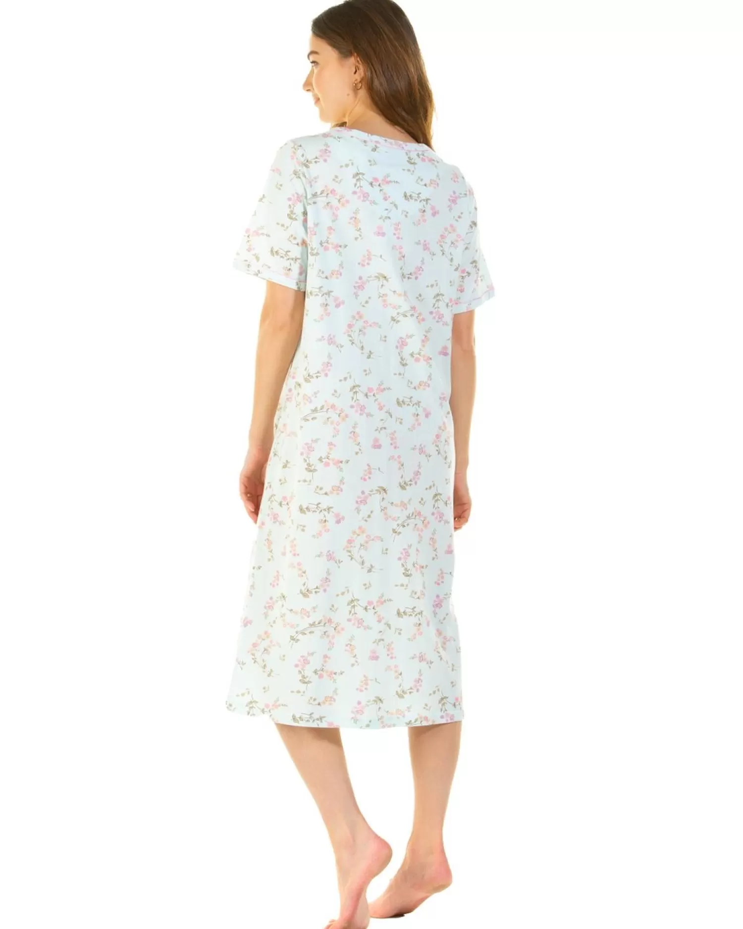 Sue Marks Nighties | Flower Spray 43" Short Sleeve Nightie - Aqua