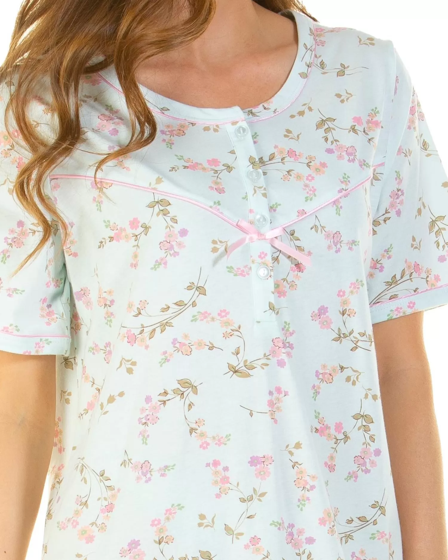 Sue Marks Nighties | Flower Spray 43" Short Sleeve Nightie - Aqua