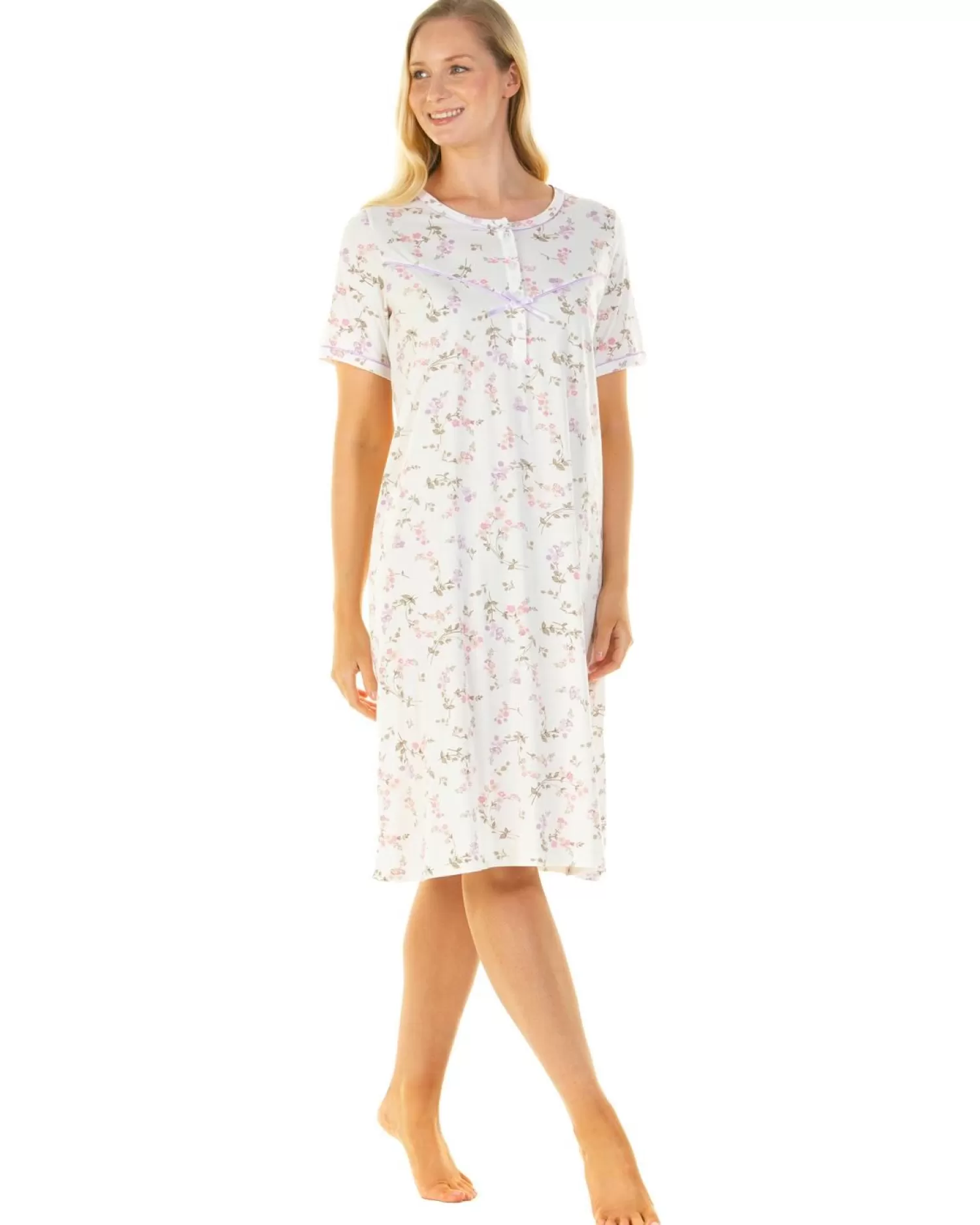 Sue Marks Nighties | Flower Spray 43" Short Sleeve Nightie - Ivory