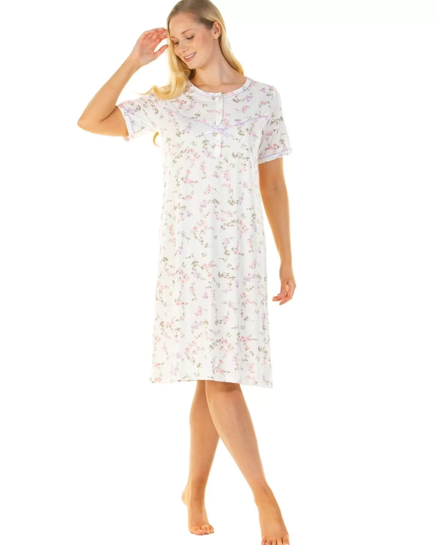 Sue Marks Nighties | Flower Spray 43" Short Sleeve Nightie - Ivory