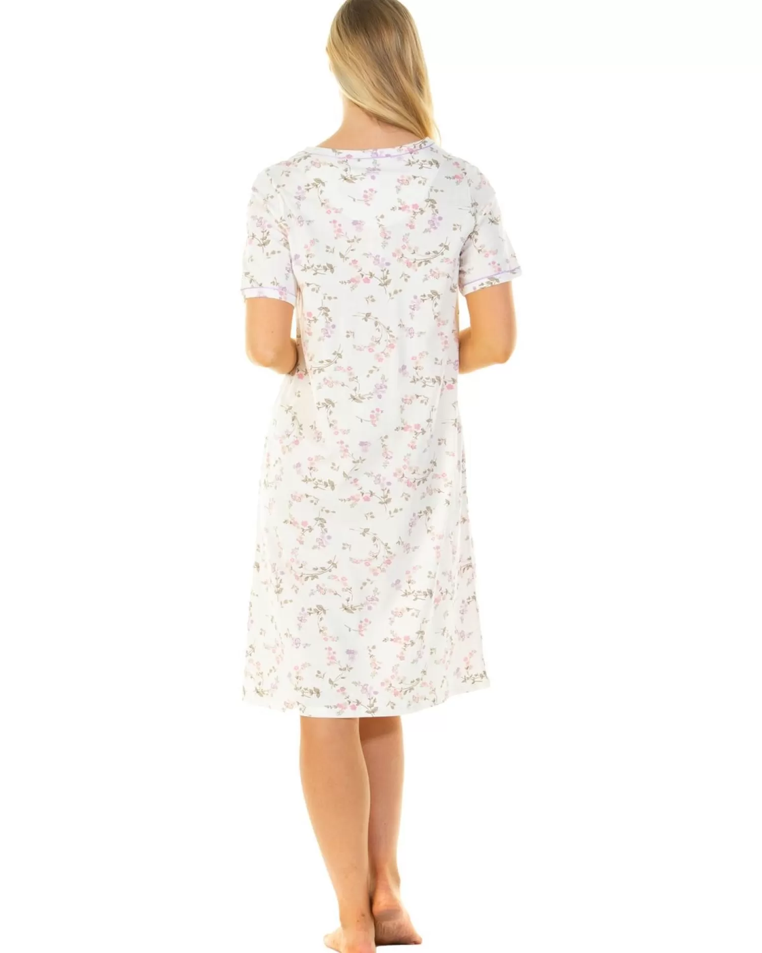 Sue Marks Nighties | Flower Spray 43" Short Sleeve Nightie - Ivory