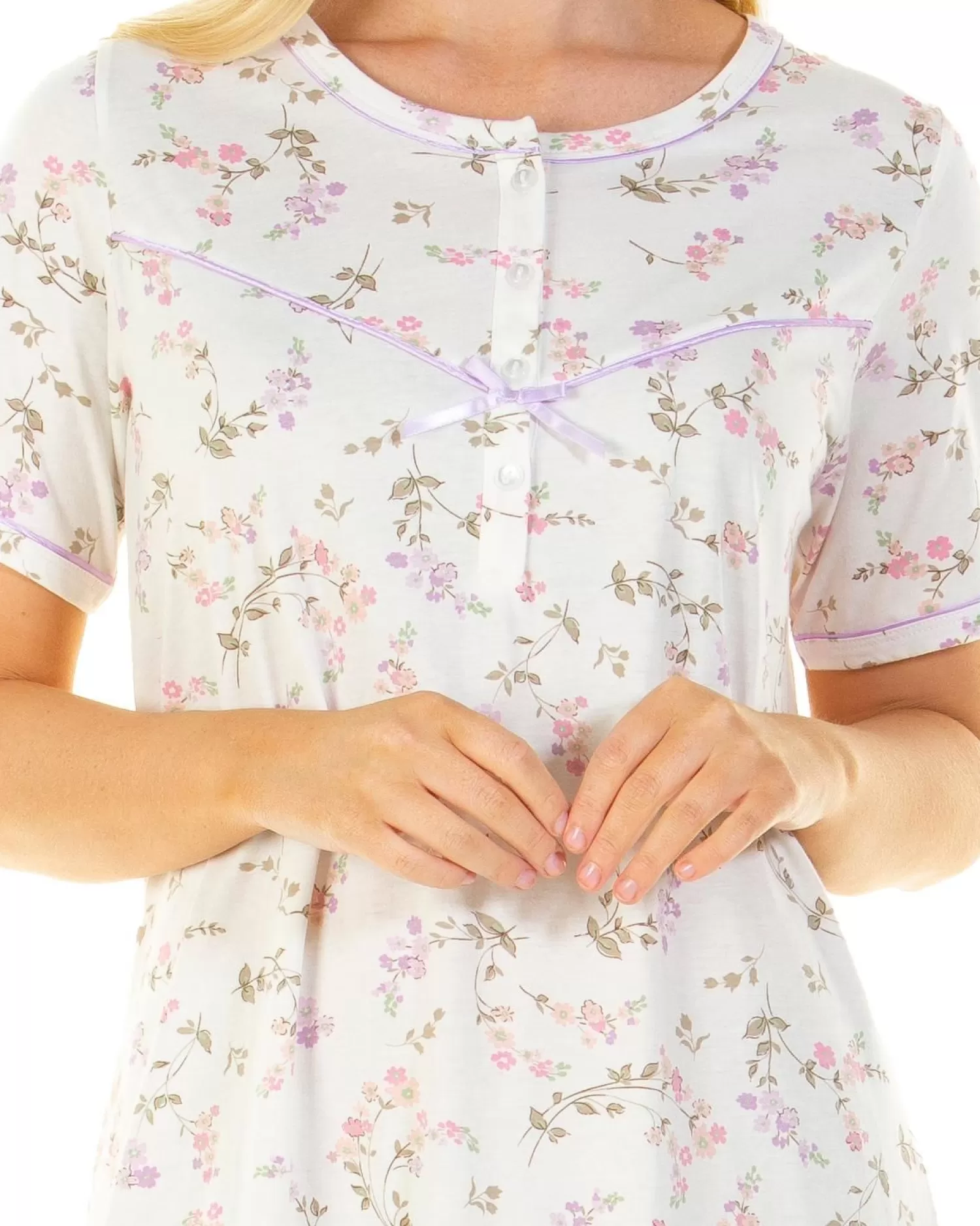 Sue Marks Nighties | Flower Spray 43" Short Sleeve Nightie - Ivory
