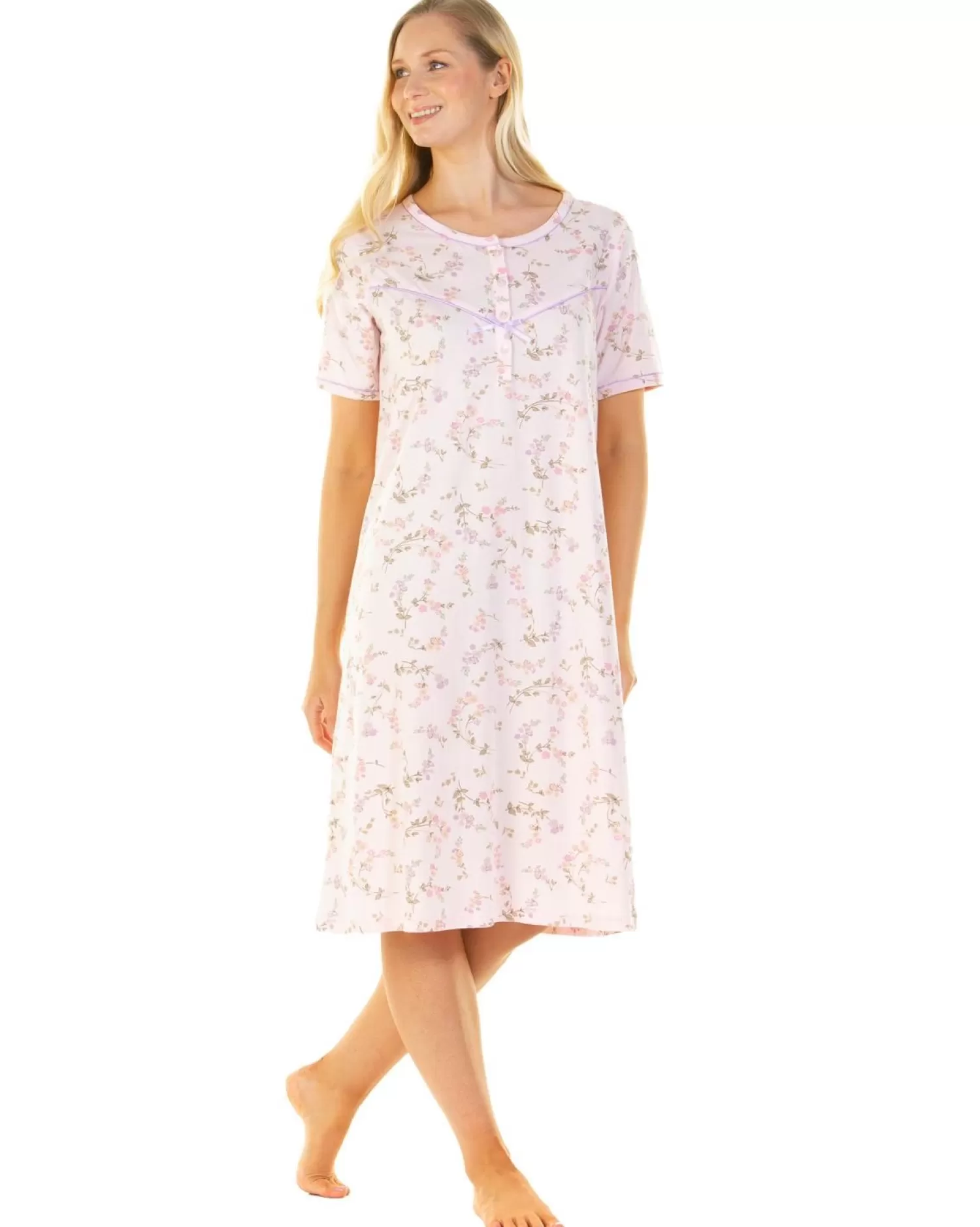 Sue Marks Nighties | Flower Spray 43" Short Sleeve Nightie - Pink