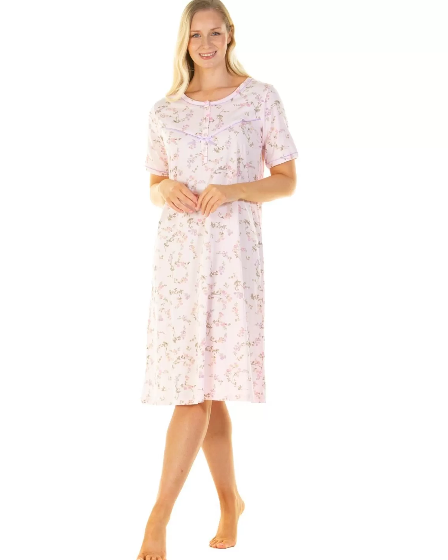 Sue Marks Nighties | Flower Spray 43" Short Sleeve Nightie - Pink