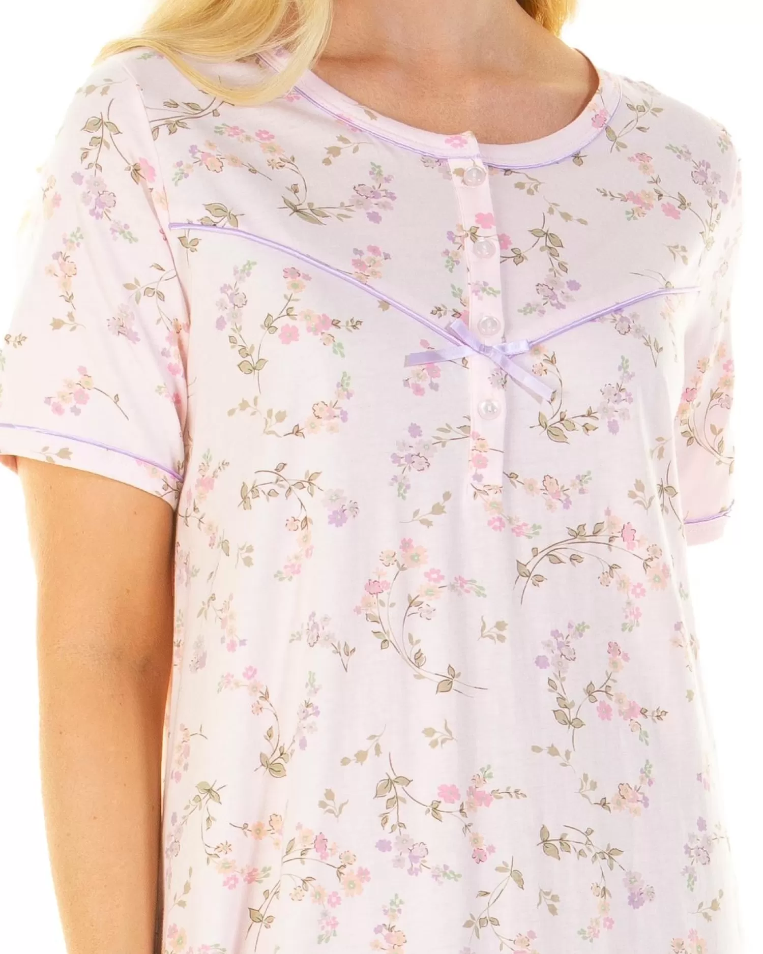 Sue Marks Nighties | Flower Spray 43" Short Sleeve Nightie - Pink