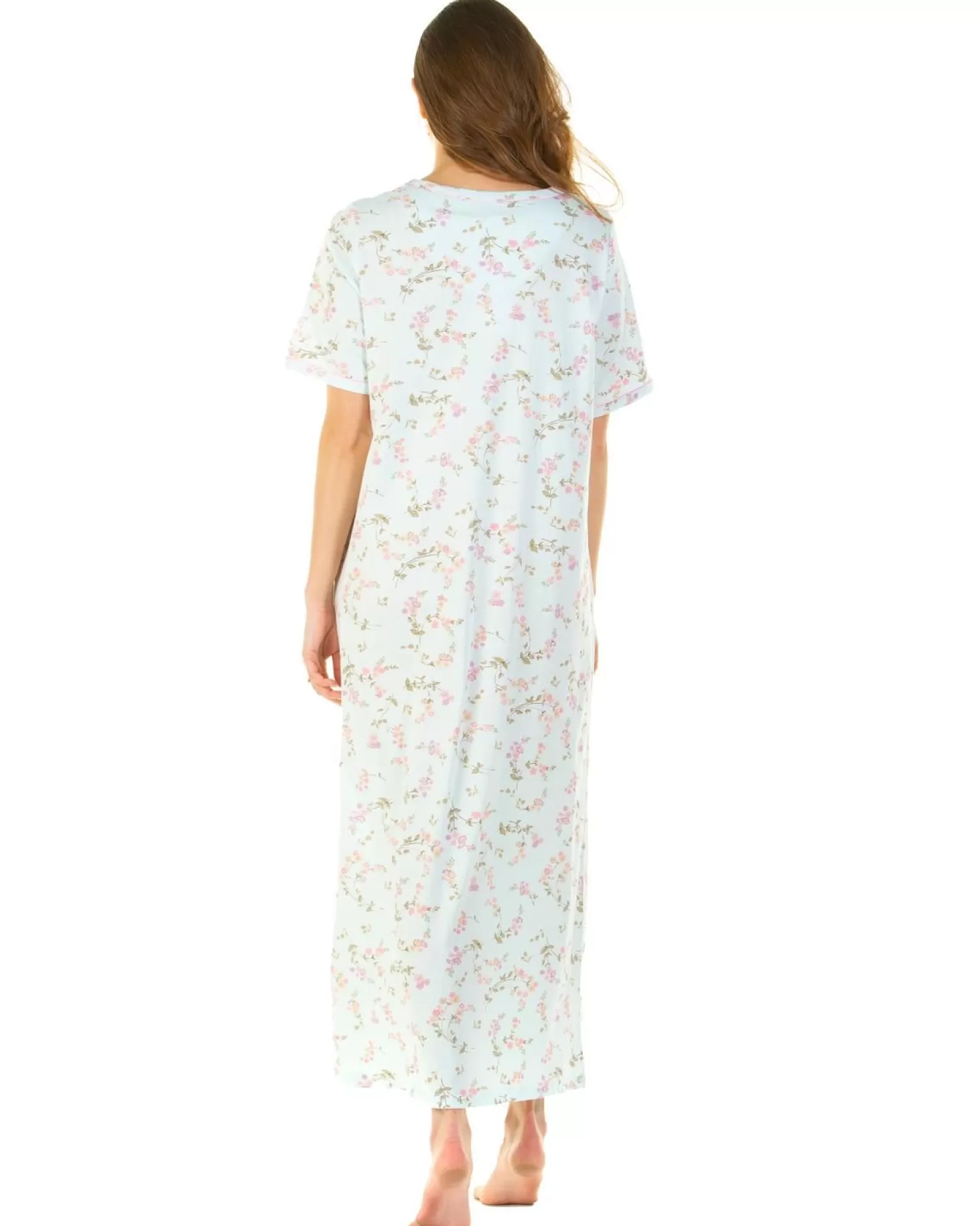 Sue Marks Nighties | Flower Spray 50" Short Sleeve Nightie - Aqua