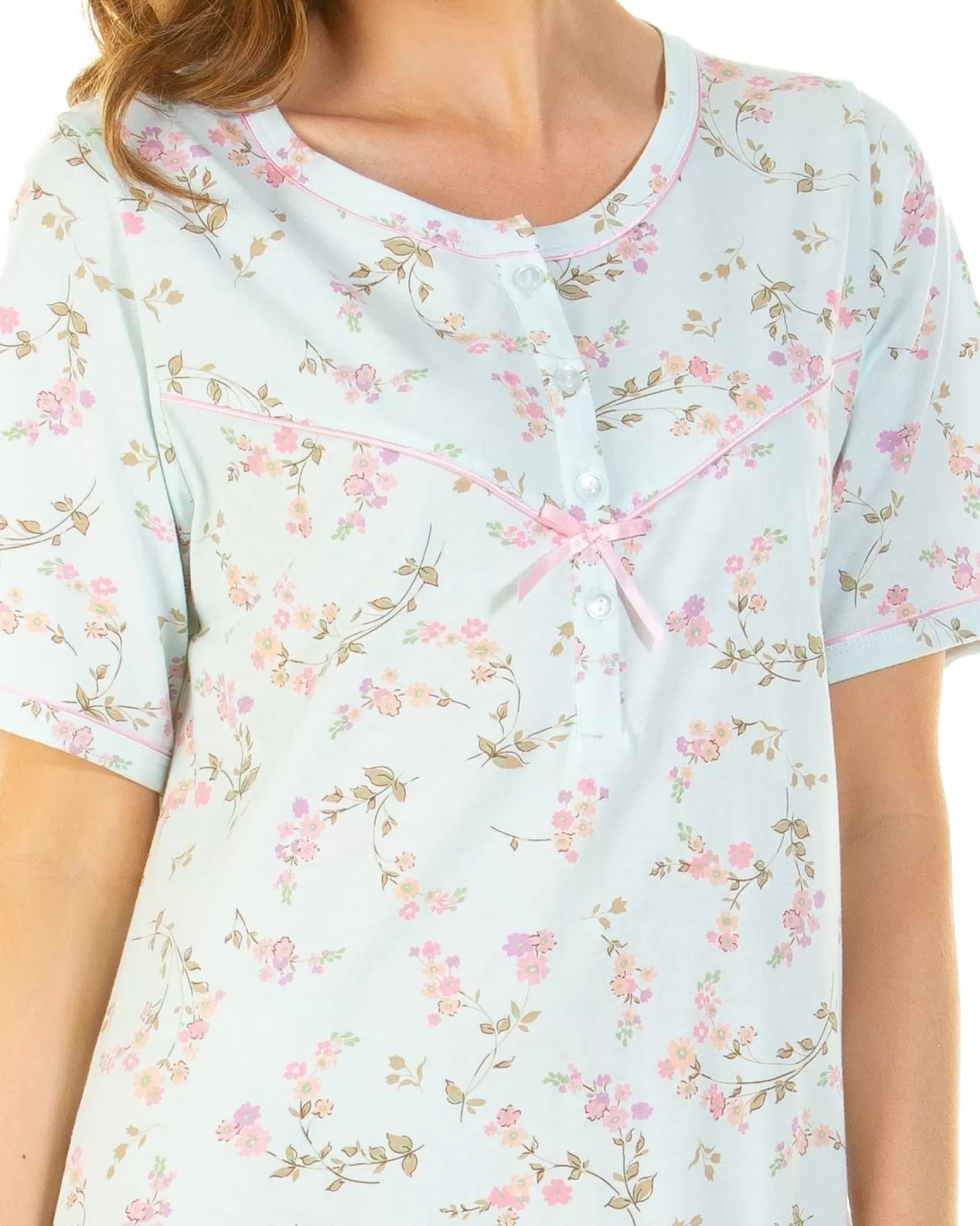 Sue Marks Nighties | Flower Spray 50" Short Sleeve Nightie - Aqua