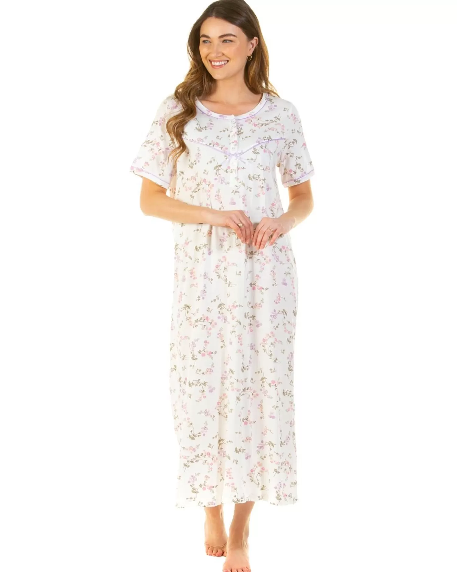 Sue Marks Nighties | Flower Spray 50" Short Sleeve Nightie - Ivory