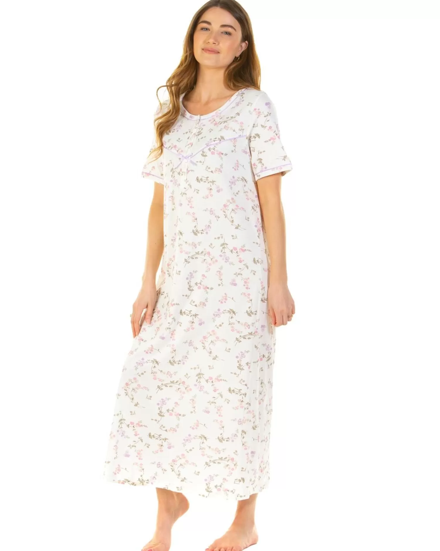Sue Marks Nighties | Flower Spray 50" Short Sleeve Nightie - Ivory