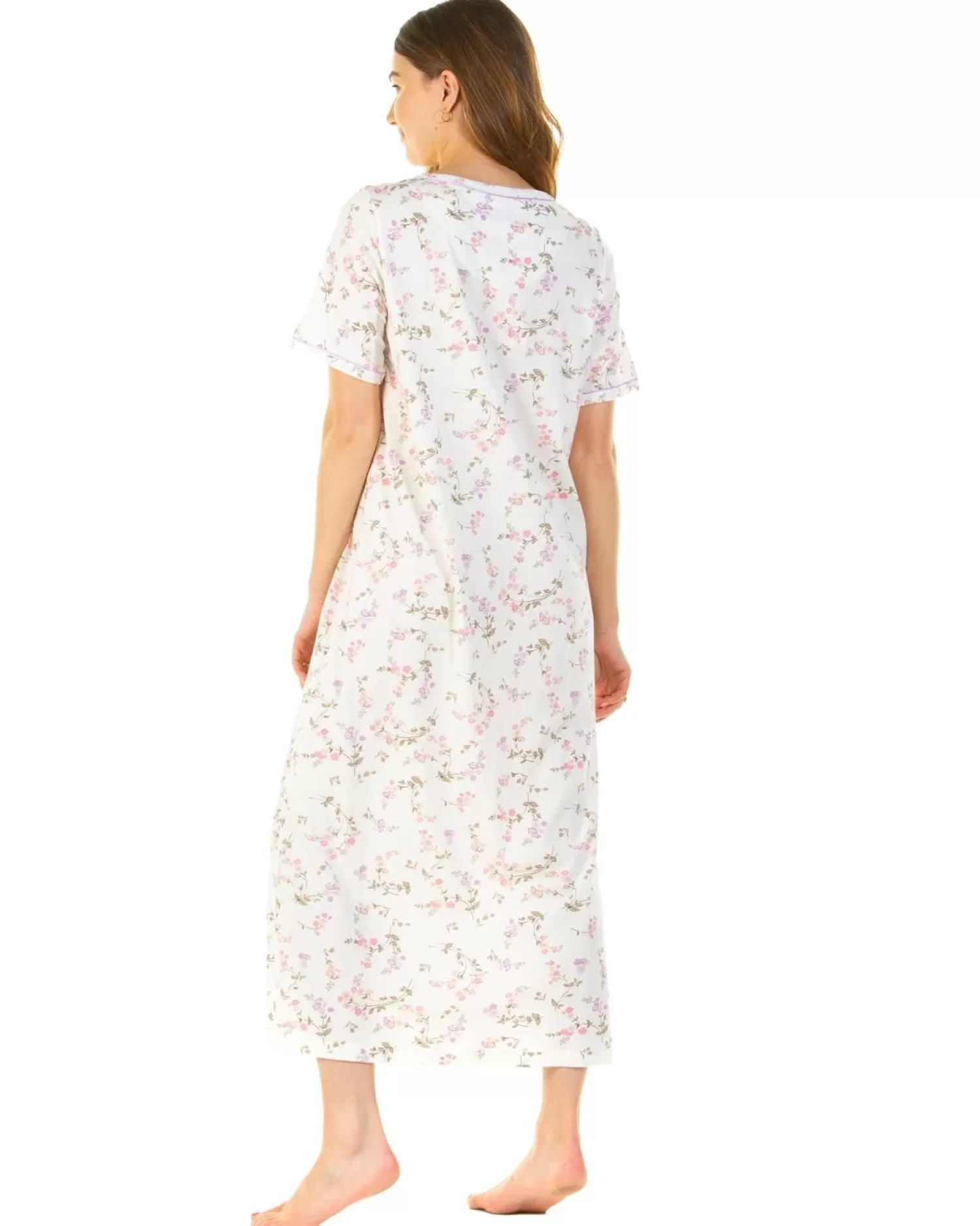 Sue Marks Nighties | Flower Spray 50" Short Sleeve Nightie - Ivory