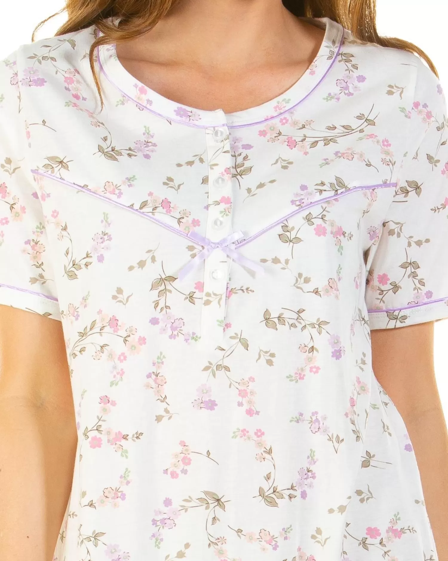 Sue Marks Nighties | Flower Spray 50" Short Sleeve Nightie - Ivory